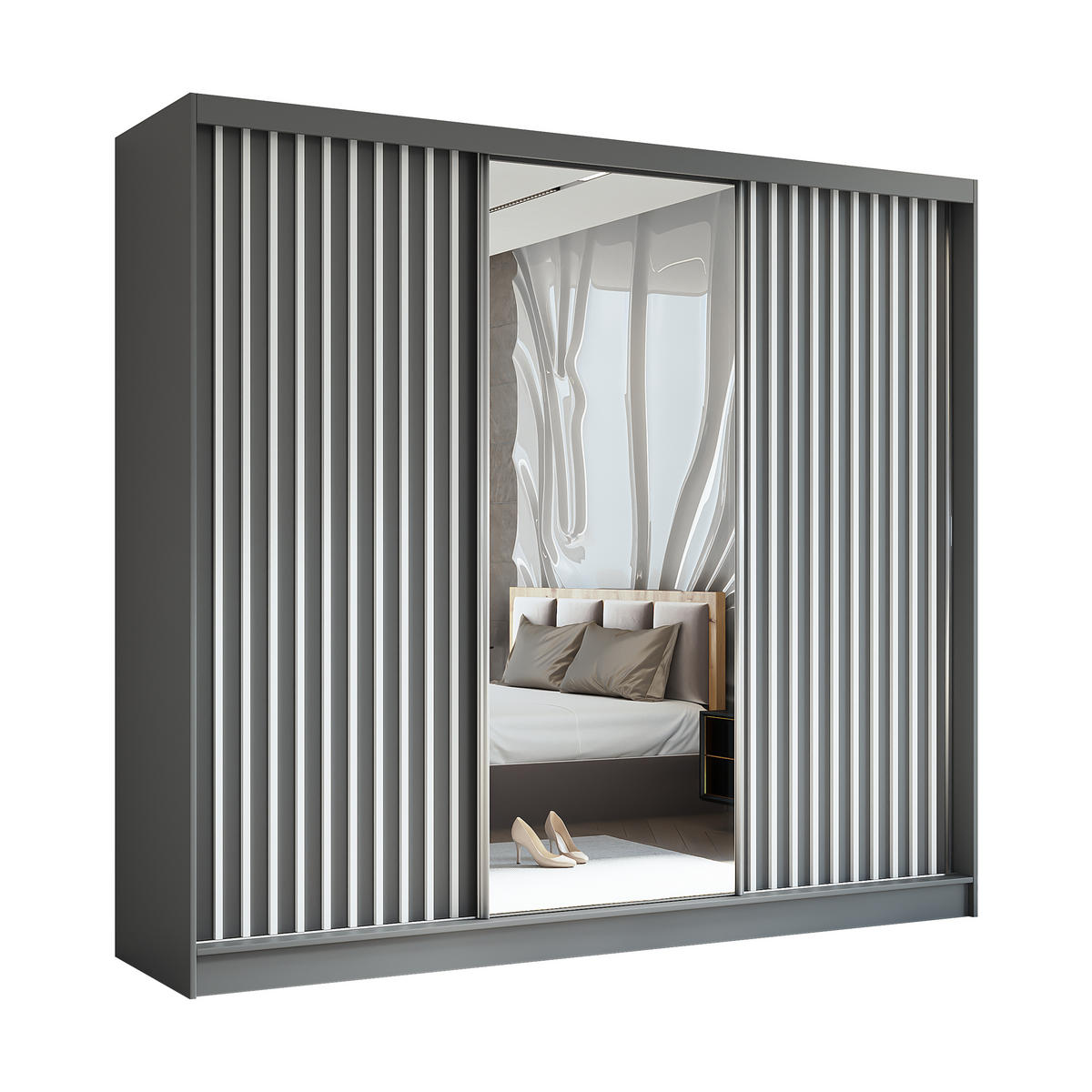 SCHWEBETÜRENSCHRANK Cabinio Grau Weiß 240/216/61 cm – mit Spiegel und Lamellen - Weiß/Grau, Holzwerkstoff/Kunststoff (240/216/61cm) - AX Living