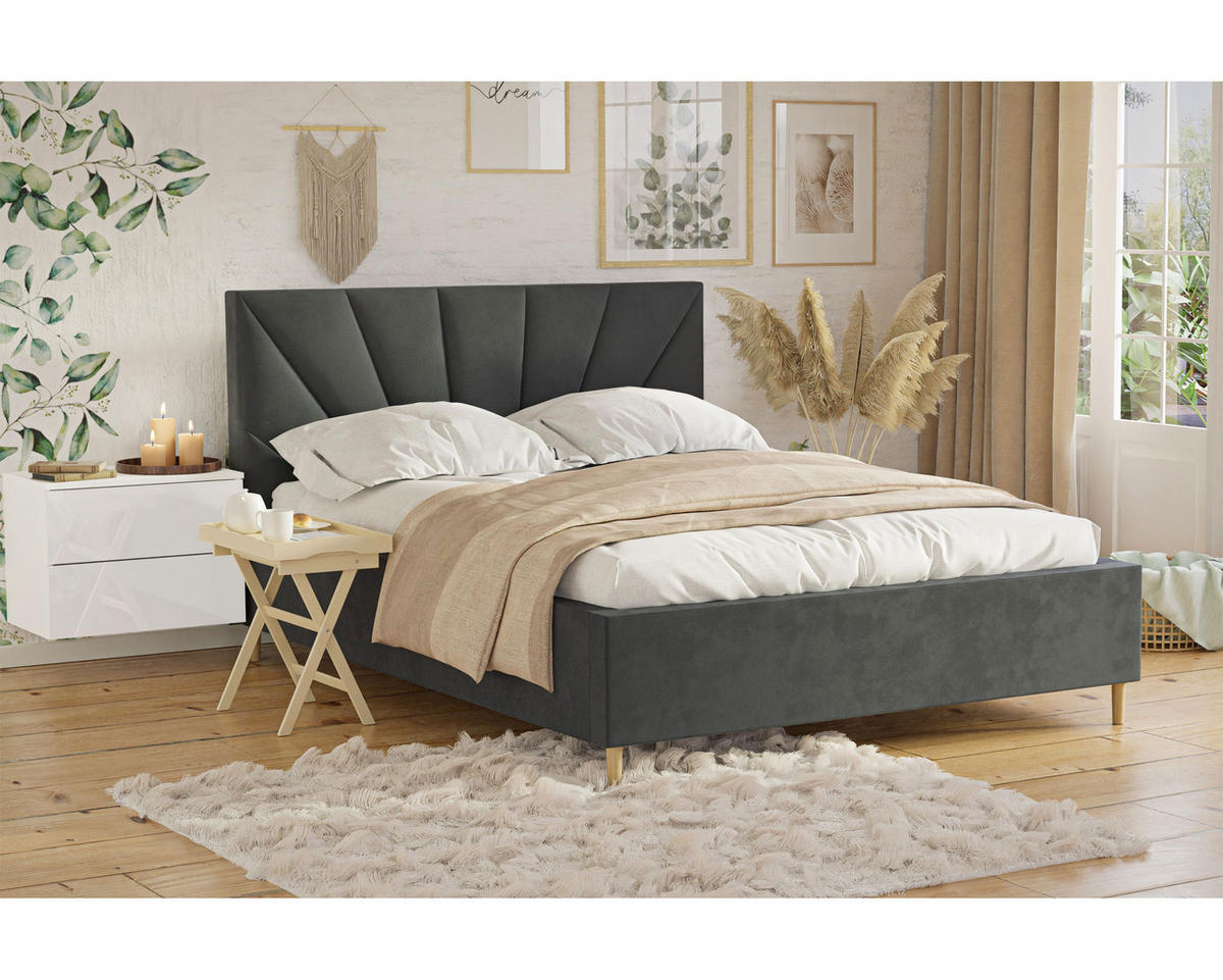 POLSTERBETT AINA 160x200 cm Jasmine 96, 34 Holzlatten, Kopfteil 104 cm - Grau, Textil (160/200cm) - Lookway