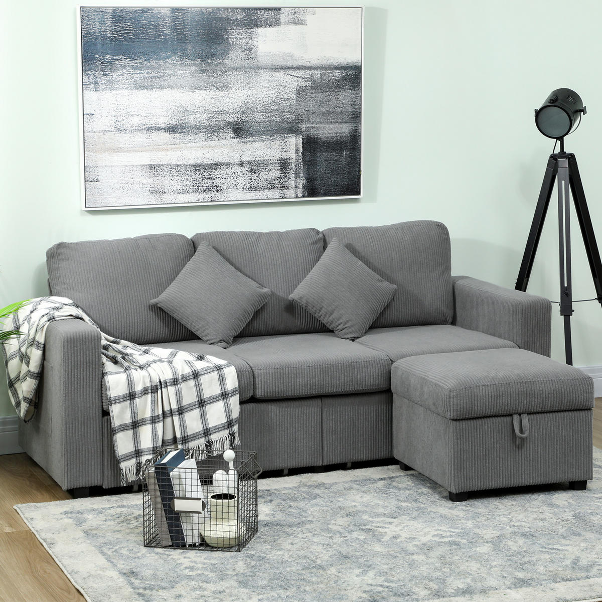 SOFA, 3-Sitzer, modular, Stauraumhocker, Cord, hellgrau, 196x139x85cm - Multicolor, Holzwerkstoff (194/85/139cm) - FORIOUS
