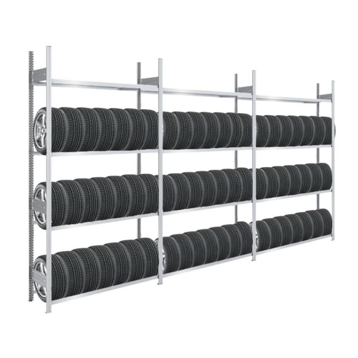 REIFENREGAL TIRE PRO 3er-Set für insgesamt 72 Reifen 4 Ebenen 150kg Fachlast pro Ebene Verzinkt - Silberfarben, Metall (450/250/43cm) - PROREGAL