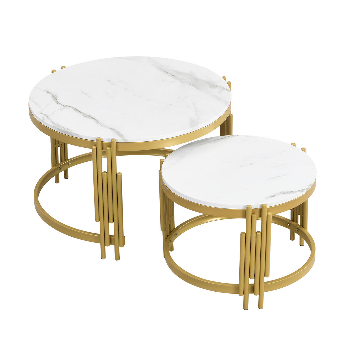 COUCHTISCH 2er-Set nestbar rund Marmoroptik Weiß Messing - Weiß, Metall (71.5/71.5/44cm) - Meubliv