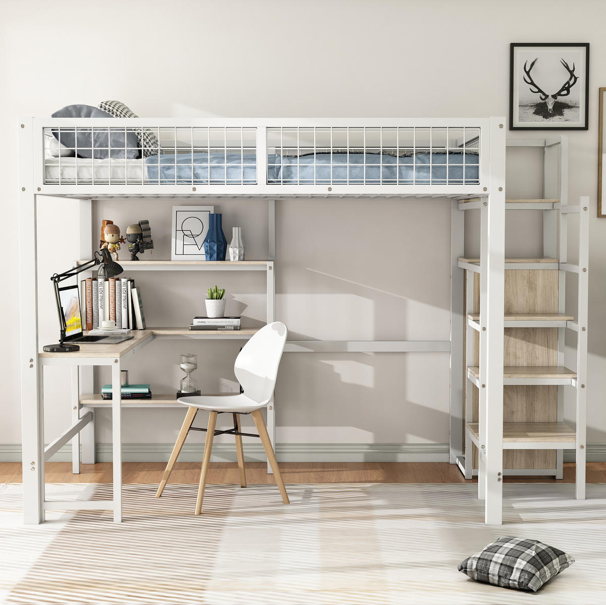 HOCHBETT 140/200 cm Weiß aus Metall und MDF mit Schreibtisch und Kleiderschrank - Weiß, Metall (140/200cm) - OKMYHOME
