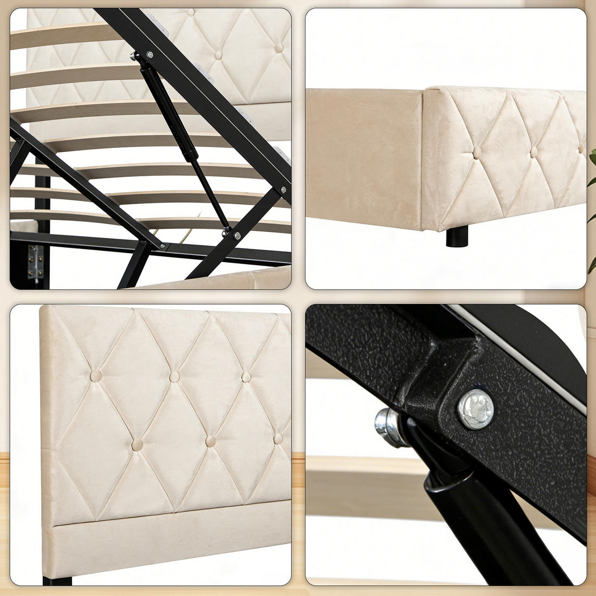 POLSTERBETT 140/200 cm Beige mit hydraulischem Stauraum aus Samt - Beige, Holzwerkstoff (140/200cm) - OKWISH