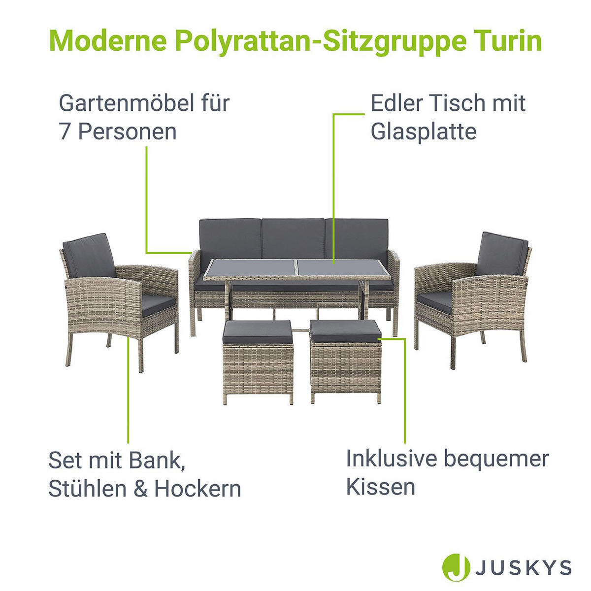 SITZGRUPPE Turin dunkelgrau Polyrattan - Grau, Kunststoff - Juskys