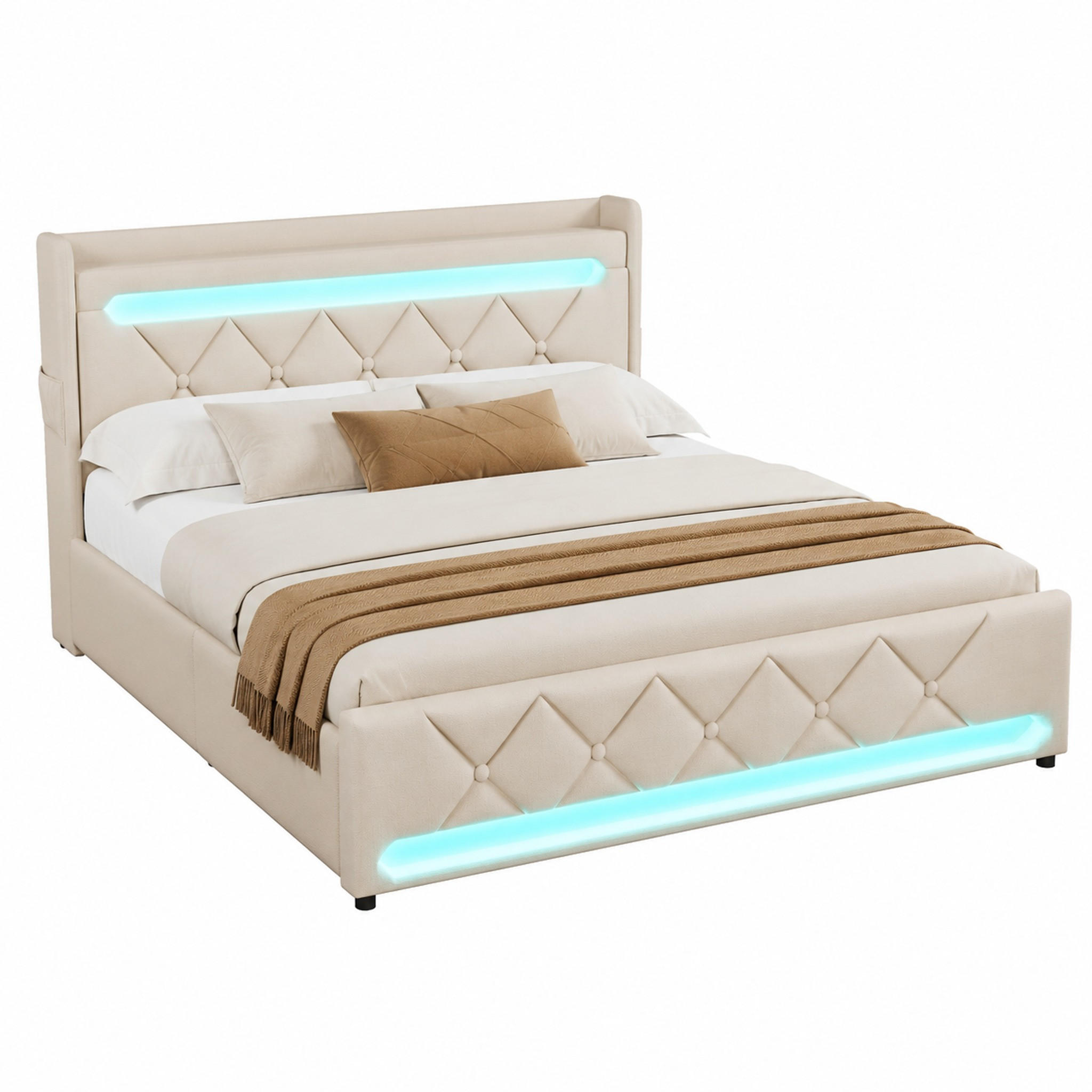 BETT mit Stauraum, LED und Ladefunktion 140x200 cm Leinen Beige inkl. Matratze - Beige, Metall (140/200cm) - Meubliv