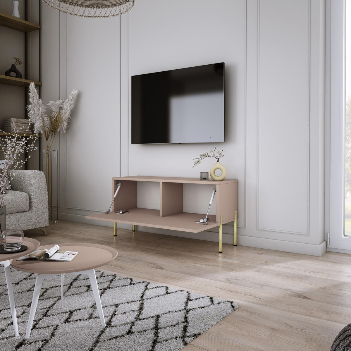 TV-SCHRANK : Karamellbraun, 100 x 52 x 32 cm, Goldene Beine - Goldfarben/Braun, Holzwerkstoff/Metall (100/52/32cm) - 3XE LIVING