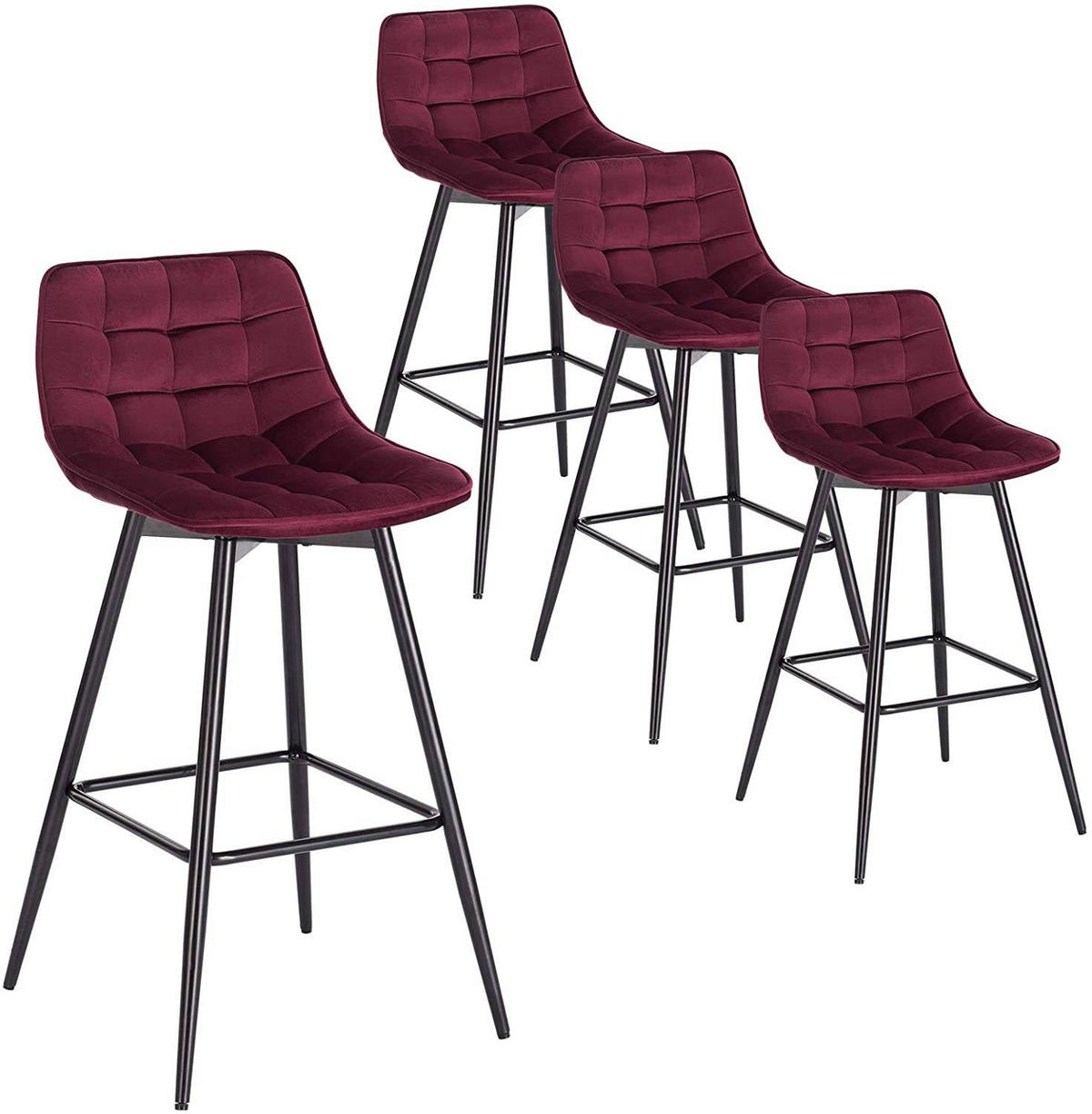 BARHOCKER 4er Set, Fußstütze, Samt, Bordeaux - Bordeaux/Schwarz, Textil/Metall (43/88/35.5cm) - Woltu