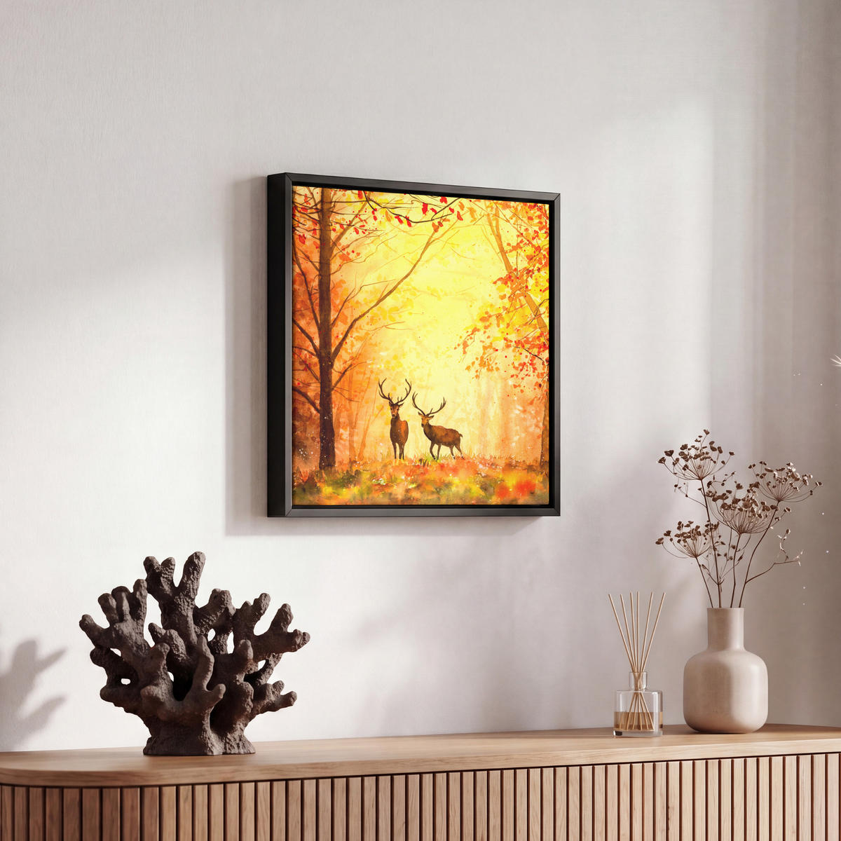 LEINWAND Bilder mit Rahmen - Natur - Ölfarbe - Hirsche - Tiere - Herbst - Orange - 20x20 - Orange, Textil (20/20cm) - MuchoWow