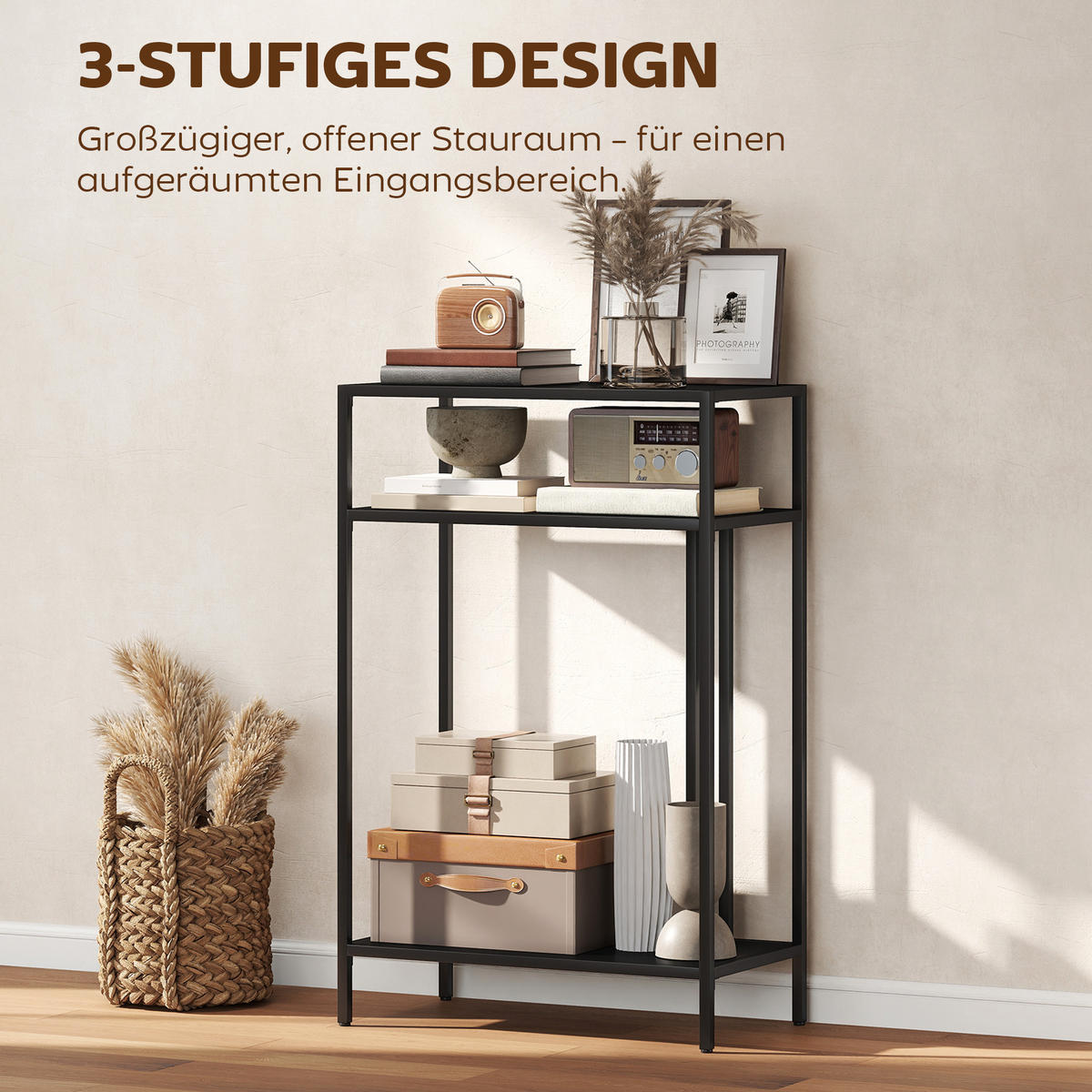KONSOLENTISCH 3-stufige Ablagen Schmaler Eingangsbereichstisch Stahlrahmen für Wohnzimmer Flur 55 cm Schwarz - Schwarz, Metall (55/85/30cm)