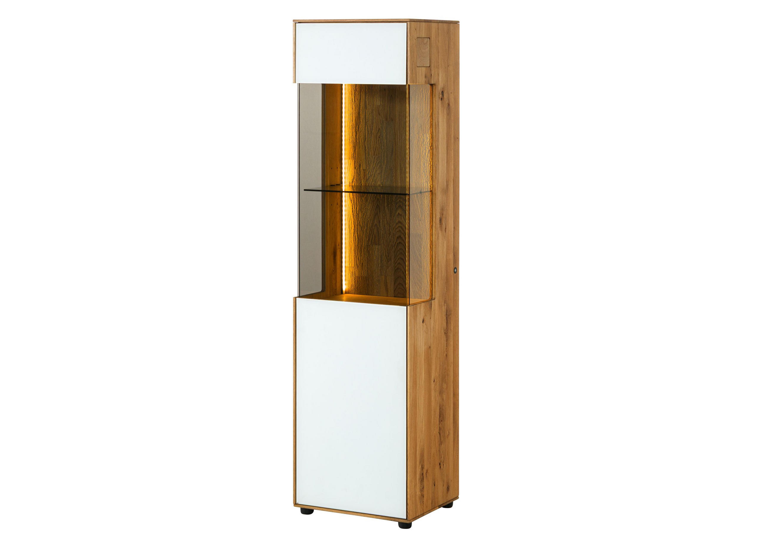 VITRINE Wildeiche 45x38x168 natur geölt / Glas weiß WIEN #130 - Braun, Holz (45/168/38cm) - Massivmoebel24