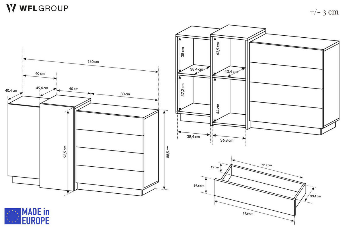 KOMMODE Grida in Eiche Craft Hellbraun, 160/94/45 cm - Weiß, Holzwerkstoff (160/93.5/45cm) - WFL GROUP