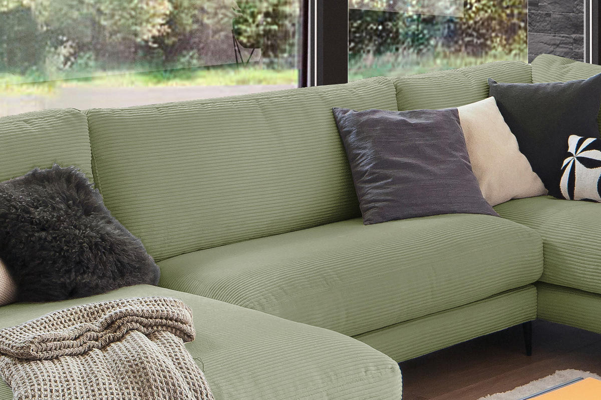 WOHNLANDSCHAFT CARA Grün Cord - Schwarz/Grün, Textil (341/84/223cm) - KAWOLA