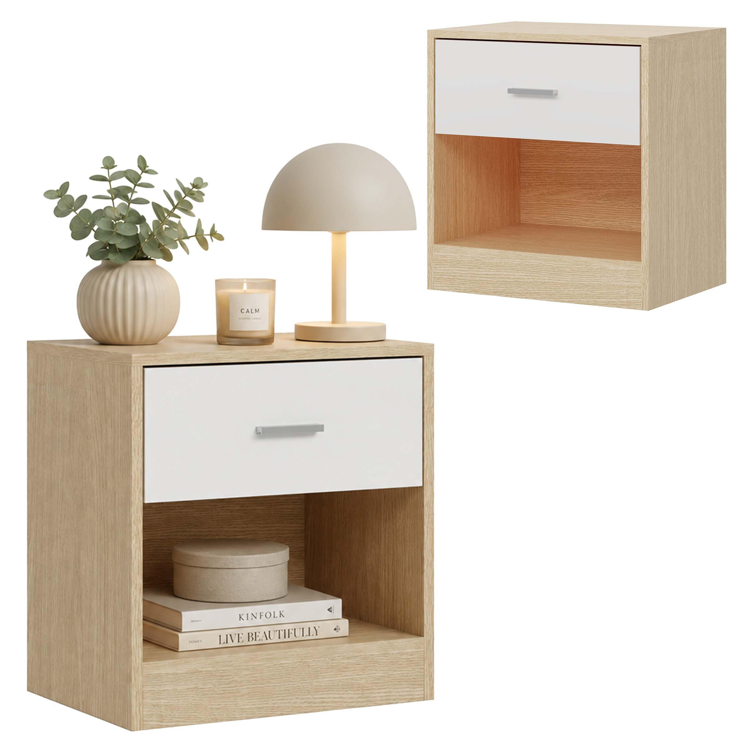 NOČNÝ STOLÍK Dekor drevo biely 2-ks-set so zásuvkou - svetlohnedá, kompozitné drevo (39/41/28cm) - Relaxdays