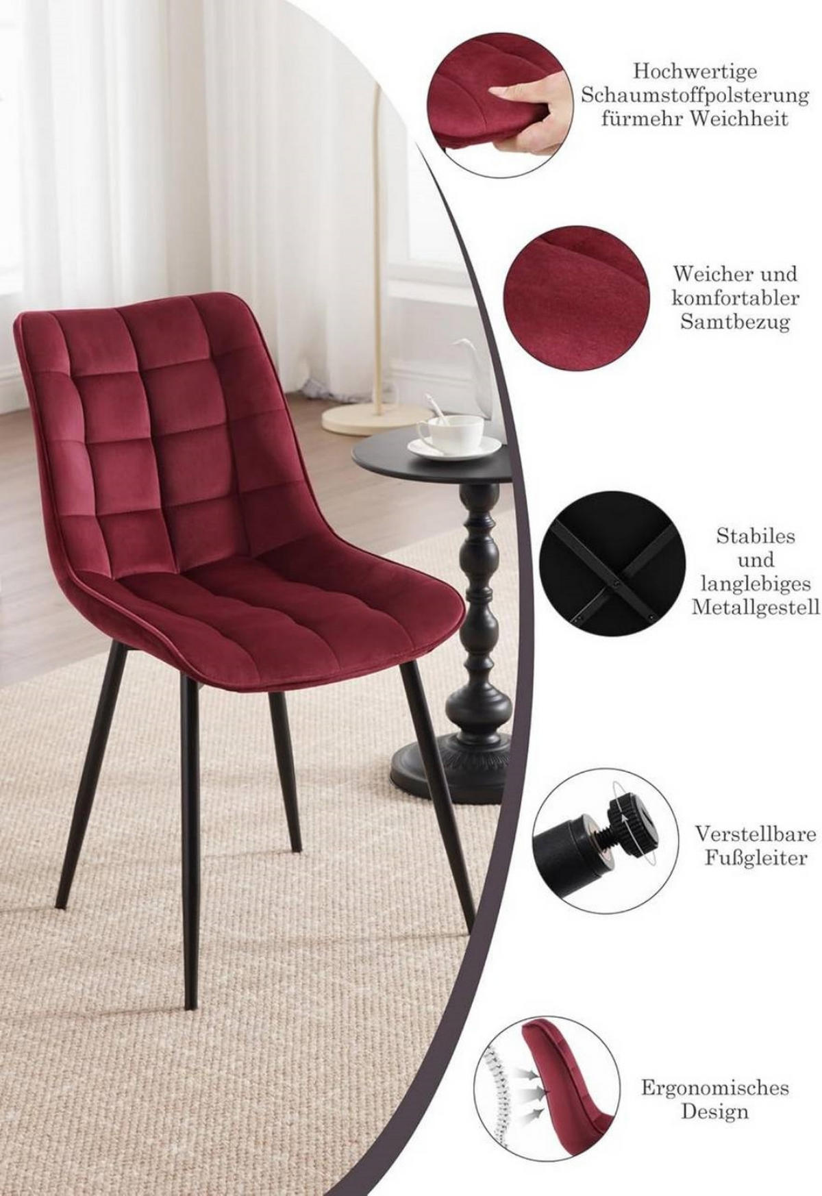 ESSZIMMERSTUHL 2er Set, Samt, Metallbeine, Bordeaux - Bordeaux/Schwarz, Textil/Metall (46/85.5/40.5cm) - Woltu