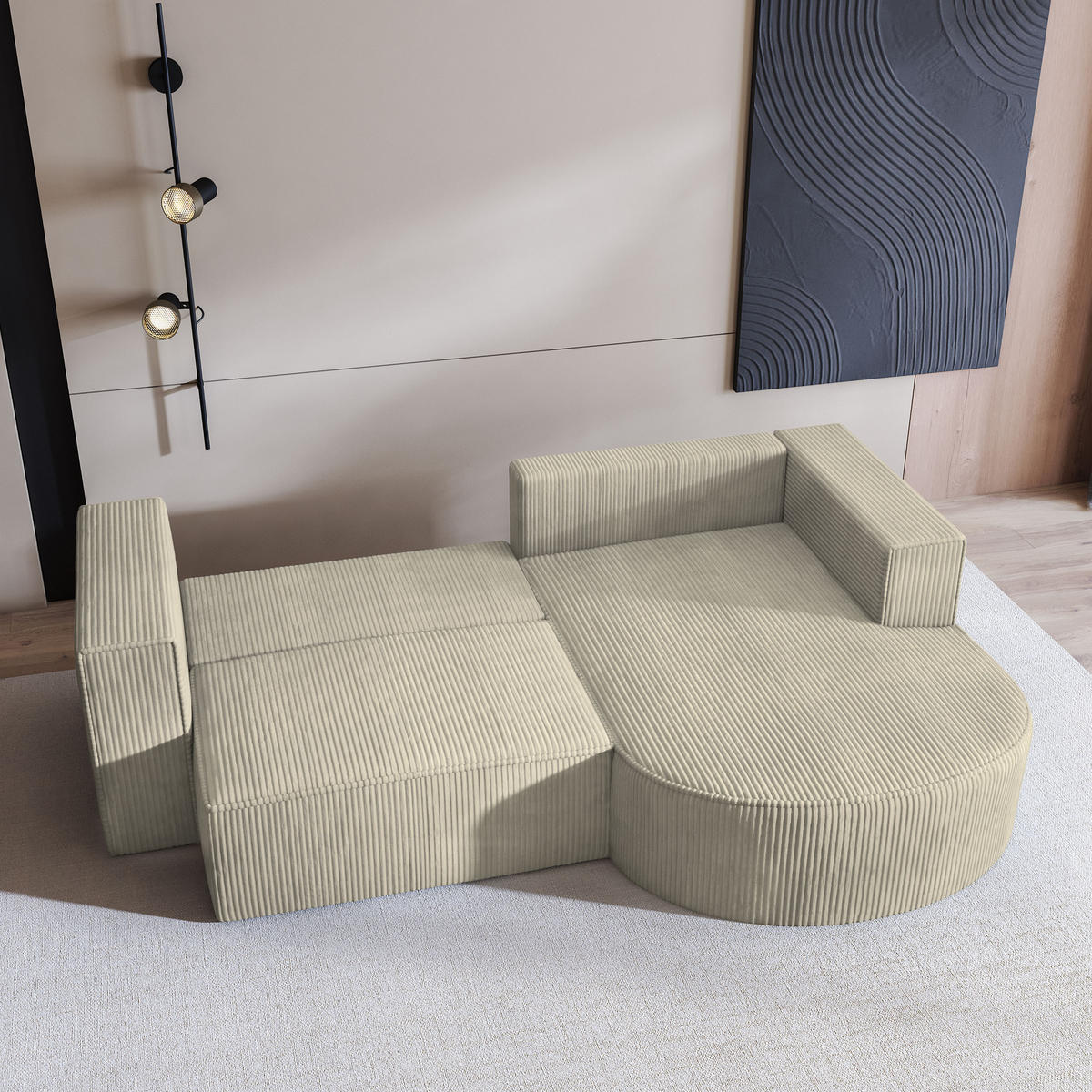 ECKSOFA SORELA P R-S Creme Kordstoff mit Schlaffunktion - Creme, Holz (263/174cm) - MASSENO