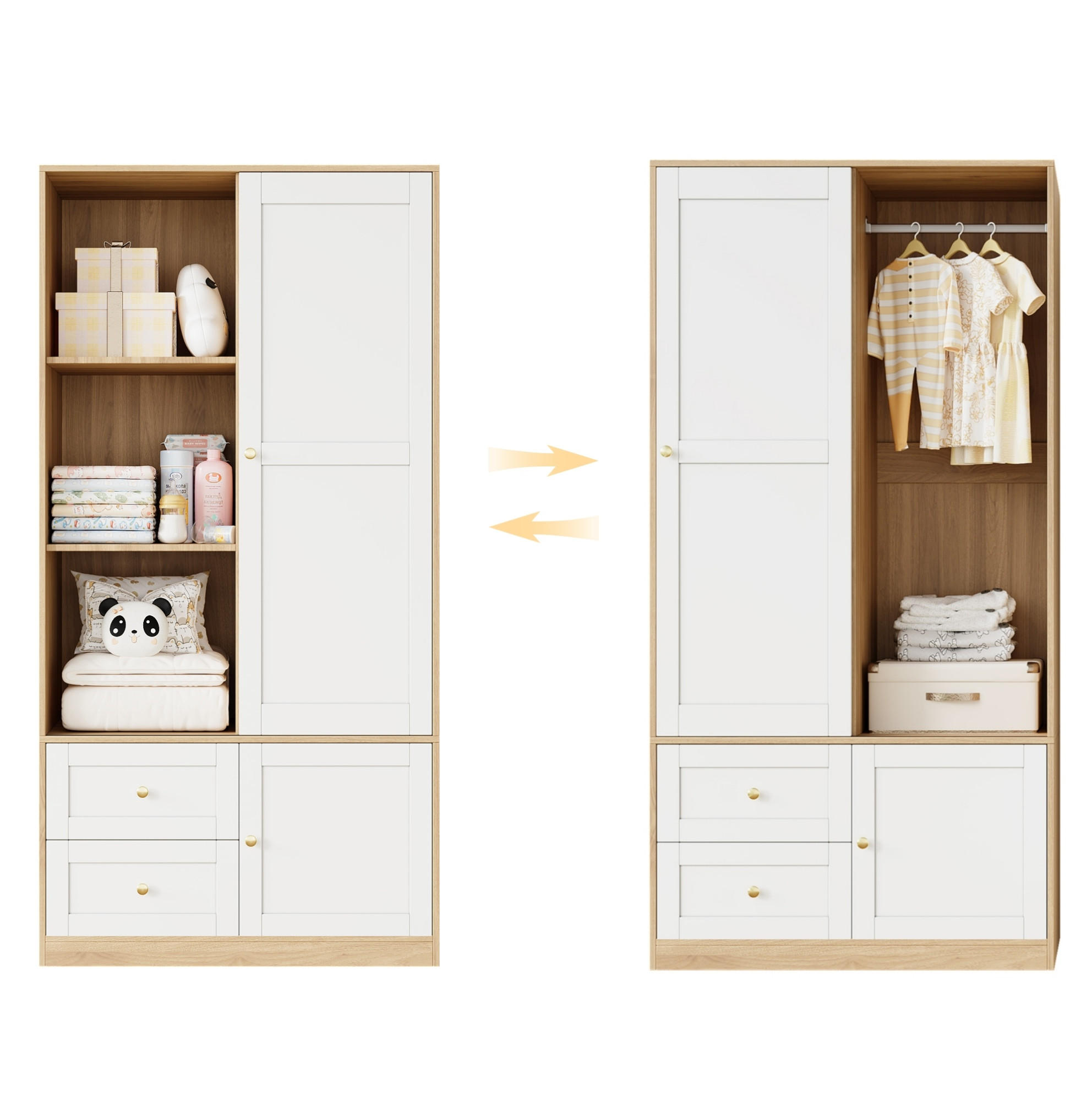 KLEIDERSCHRANK aus MDF 90x50x180 cm Natur/Weiß mit Schiebetür, Kleiderstange, Schubladen und Fächern - Naturfarben, Holzwerkstoff (90/180/50cm) - Modfu