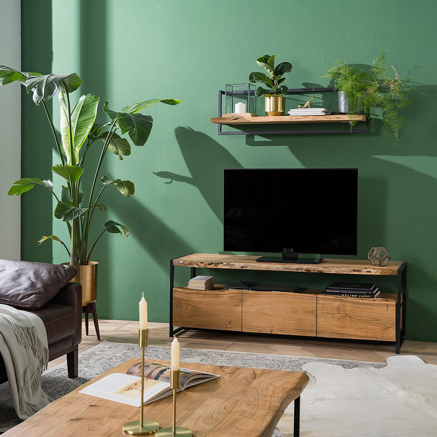 TV-LOWBOARD - Akazie massiv / Metall - Akaziefarben, Holz (145/50/40cm) - home24