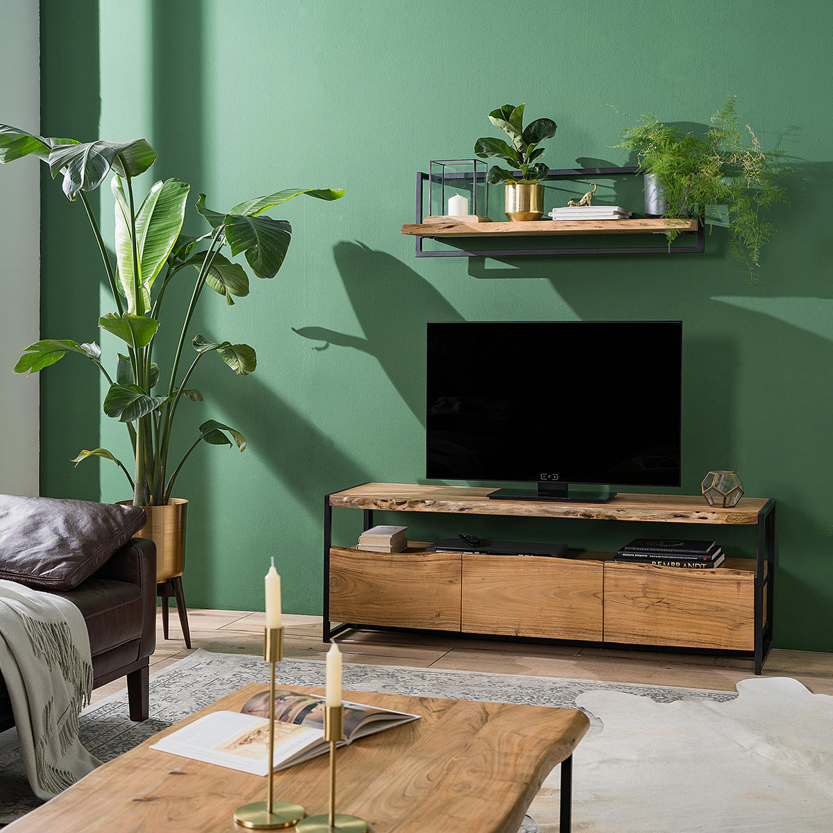 TV-LOWBOARD - Akazie massiv / Metall - Akaziefarben, Holz (145/50/40cm) - home24