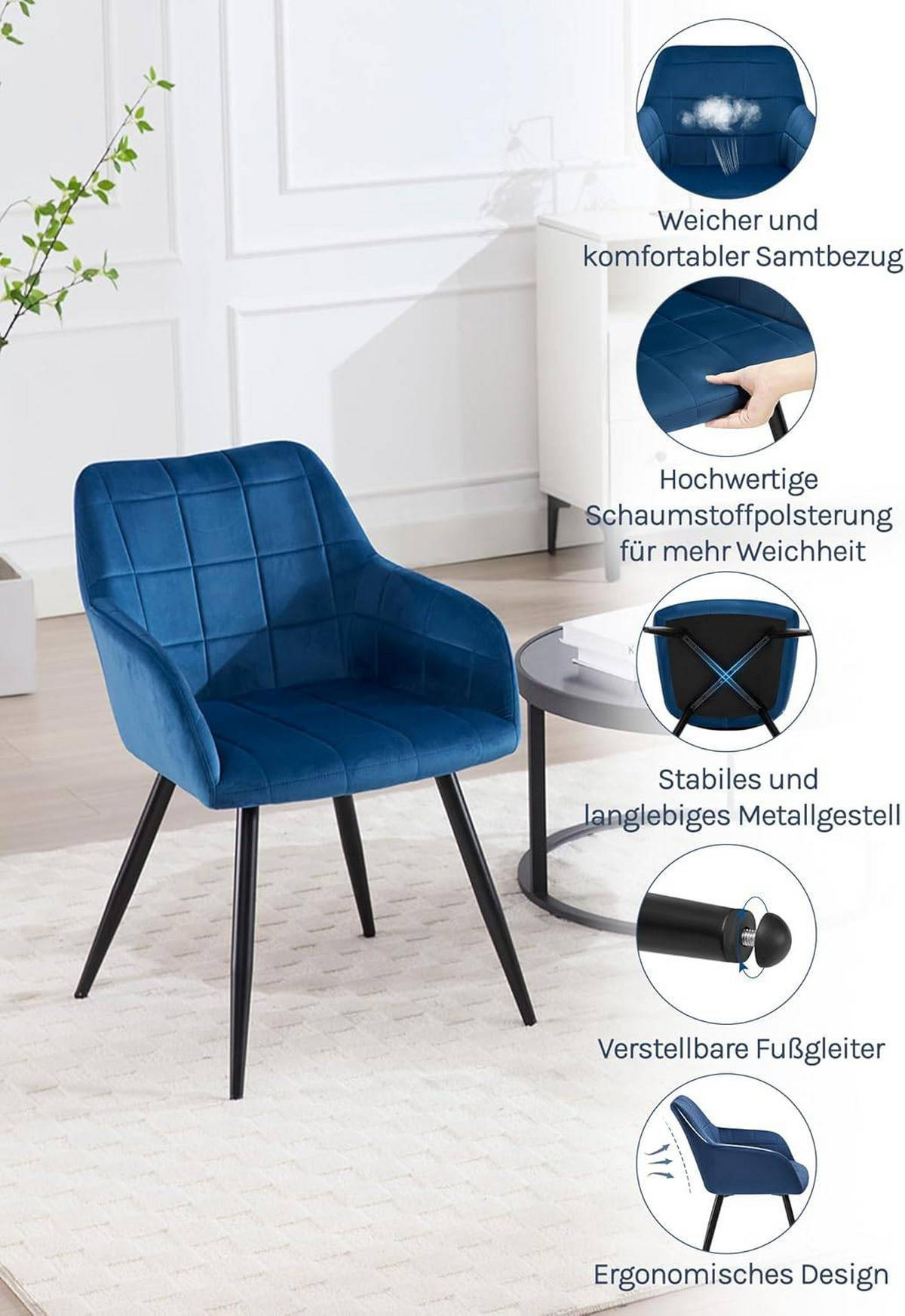 ESSZIMMERSTUHL 6er Set, Küchenstühle mit Armlehnen Metallbeinen - Blau/Schwarz, Textil/Metall (56/81/62cm) - Woltu