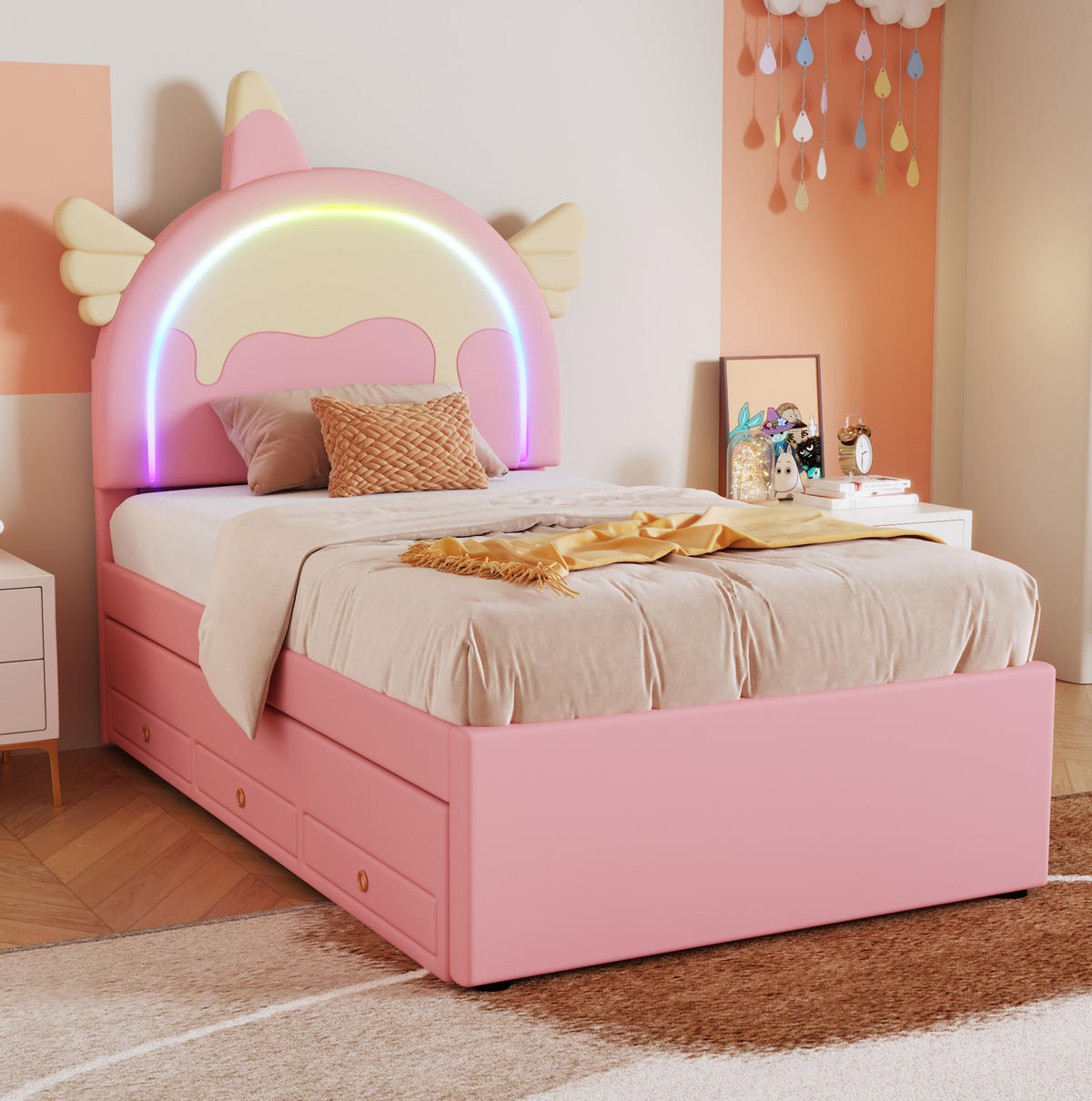 KINDERBETT 90/200 cm mit ausziehbarem Rollbett und Schubladen, Einhorn-Design aus PU und MDF, Rosa - Rosa, Kunststoff (90/200cm) - Redom