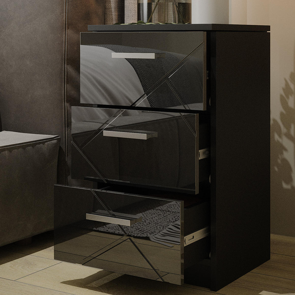 NACHTTISCH Irma Schwarz 37.6 x 66 cm - Schwarz, Holzwerkstoff (35.5/66/37.6cm) - Vicco