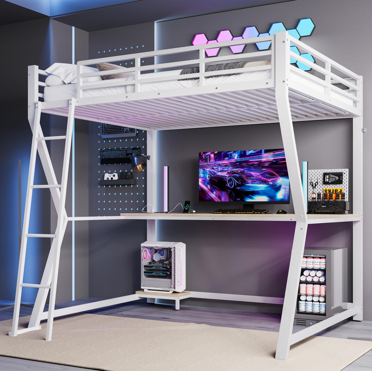HOCHBETT aus Metall und MDF 140x200 cm Weiß mit LED-Beleuchtung, Schreibtisch, USB-Anschluss, Steckdose und Treppe - Weiß, Metall (140/200cm) - Modfu