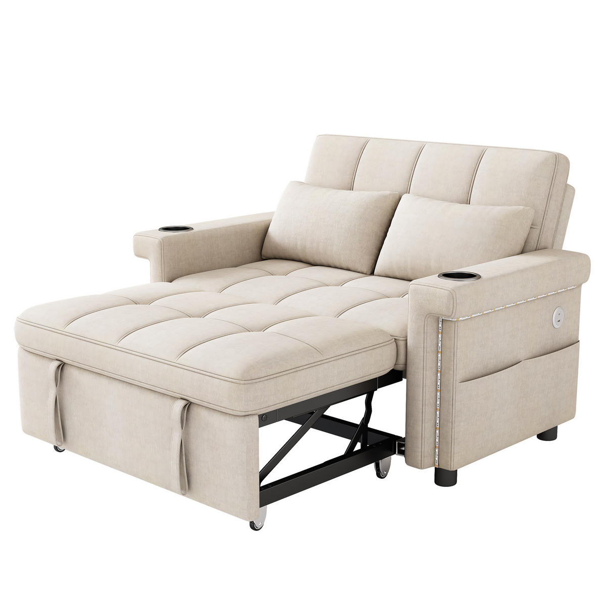 SCHLAFSOFA 2-Sitzer, Beige, Chenille, LED, USB/Type-C - Beige, Textil (141.5/90/145cm)