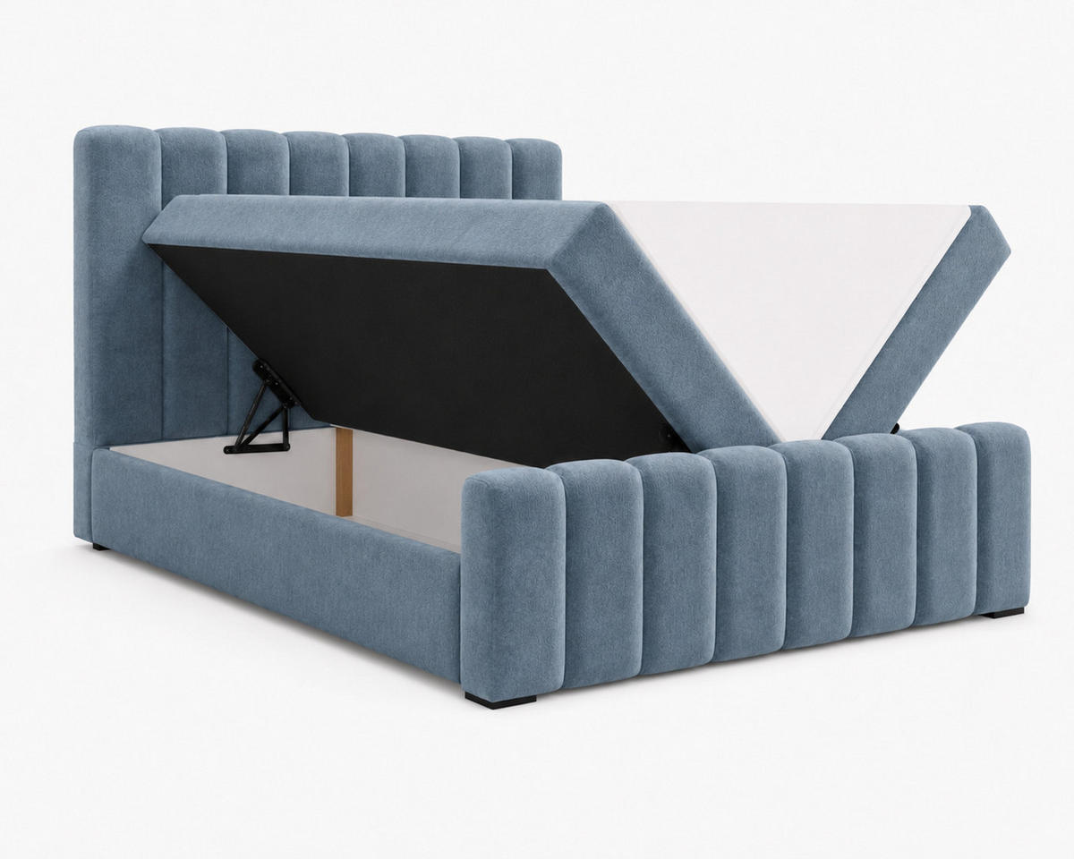 BOXBETT 01 BIS 160 x 200 cm - Vibe - Modernes Polsterbett mit Bettkasten inkl. PU-Schaum-Topper und Federmechanismus - Blau, Holz (160/200cm) - ROYAL24_MARKT