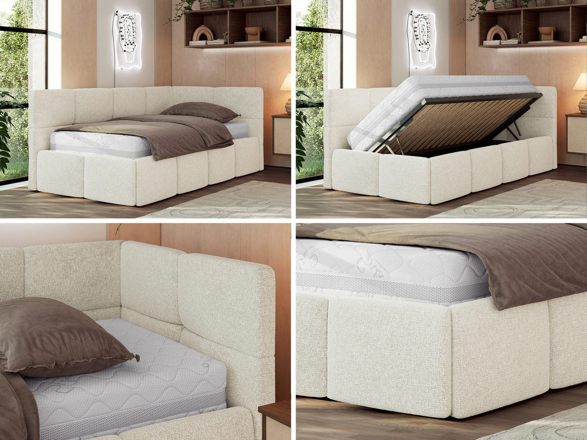 JUGENDBETT ARVO 90/200 - Creme Strukture - Pocket-Matratze - Rechts Seite - Creme, Textil (90/200cm) - MKS