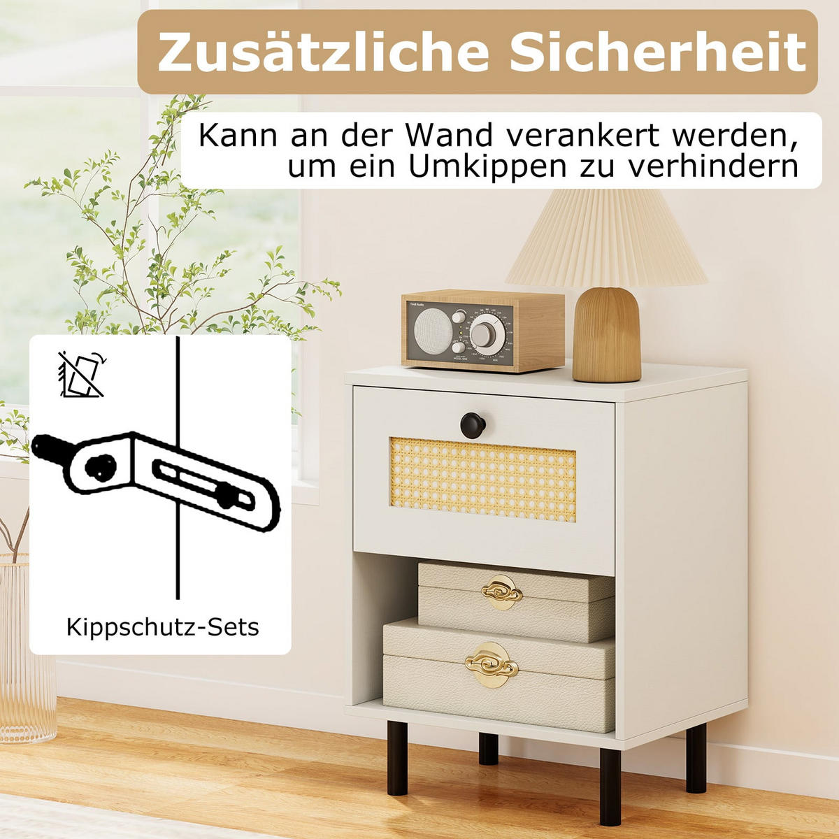 NACHTTISCH Boho mit Rattan-Schublade, 4 Beine, 2 Kippsicherungen, 40x30x52 cm, Weiß - Weiß, Naturmaterialien/Holzwerkstoff (40/52/30cm) - DESIGN IN