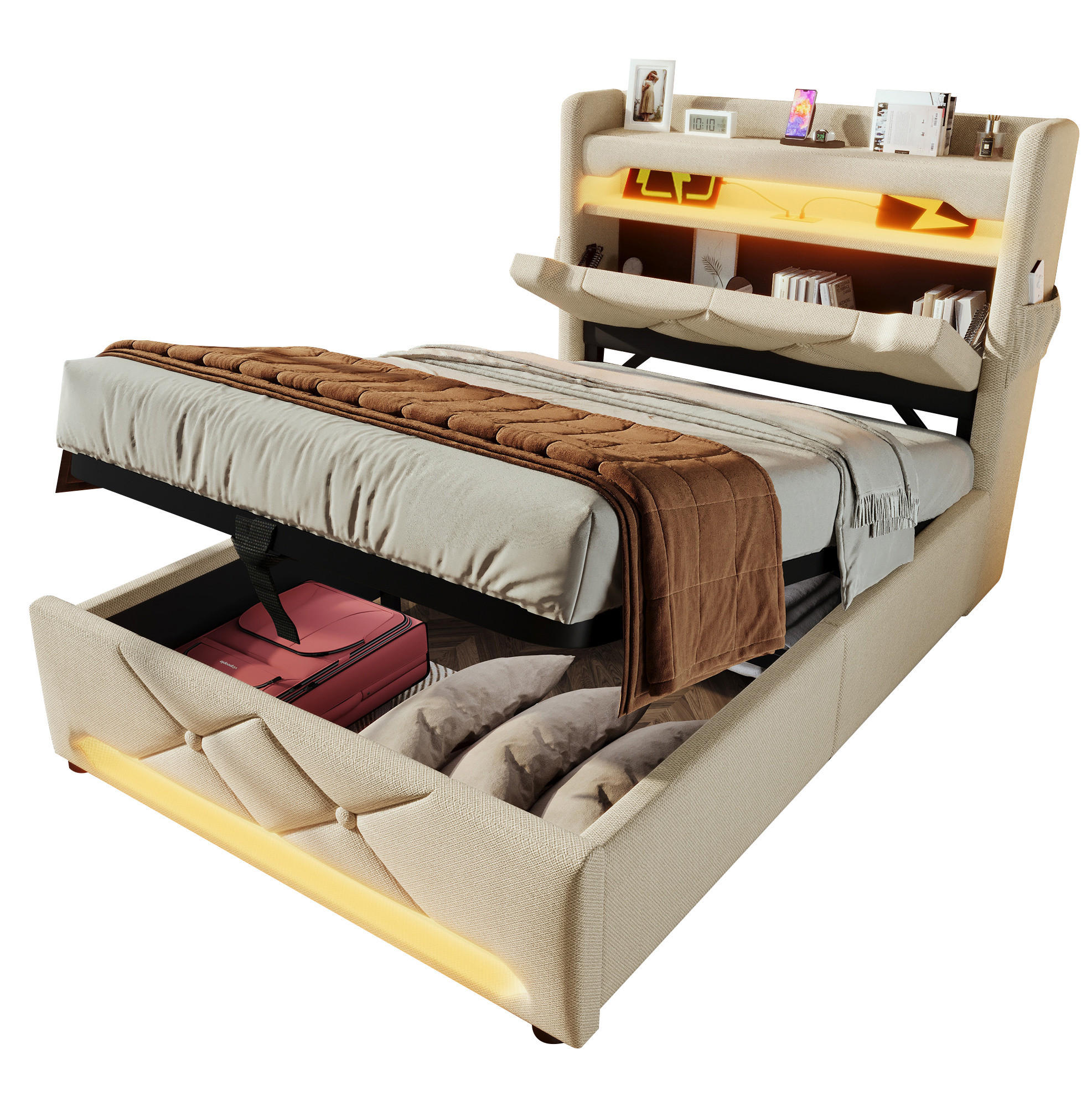 POLSTERBETT 90/200 cm Beige aus Leinen mit LED und Stauraum - Beige, Textil (90/200cm) - OKMYHOME