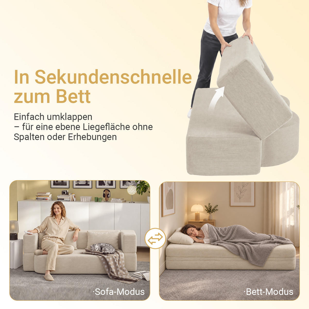 SCHLAFSOFA mit Bettfunktion und waschbarem Cordbezug FST101-MI - Beige, Textil/Metall (177/32/107cm) - SoBuy