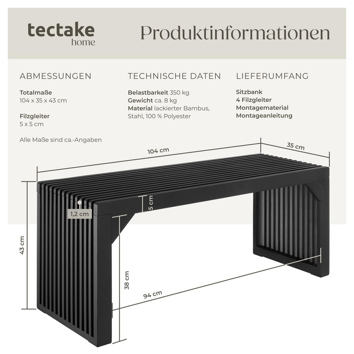 SITZBANK Ribb, Belastbarkeit 350 kg, schwarz - Schwarz, Holz (104/43/35cm) - tectake