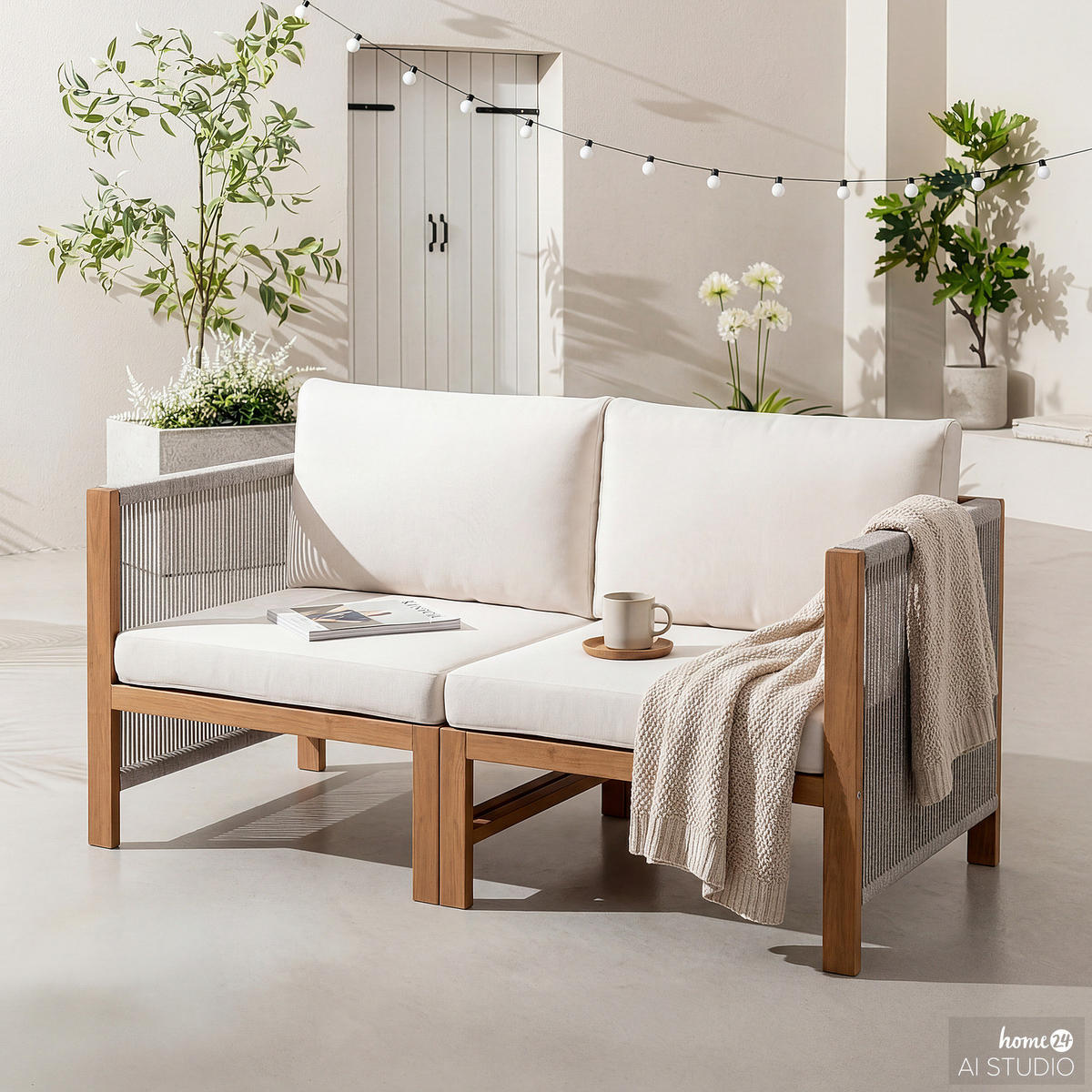LOUNGESET - 2-teilig - Akazie massiv / Polyester - Braun / Beige - Beige/Braun, Holz/Textil - home24