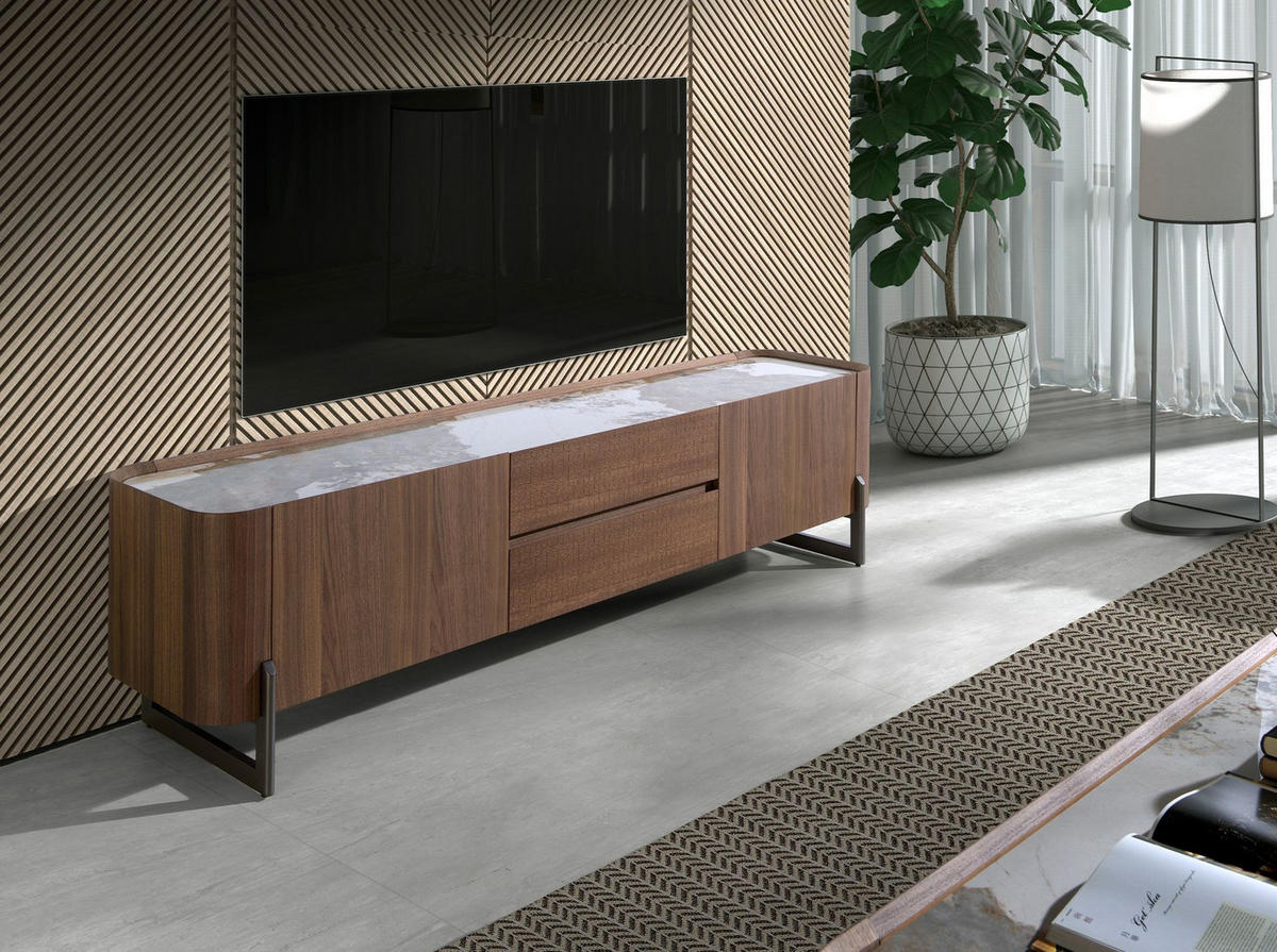 TV-ELEMENT TV-Ständer aus Nussbaum und dunklem metallisiertem Stahl mit Porzellanmarmorplatte 200/45/52 cm - Walnussfarben/Weiß, Holz (200/52/45cm) - ANGEL CERDA
