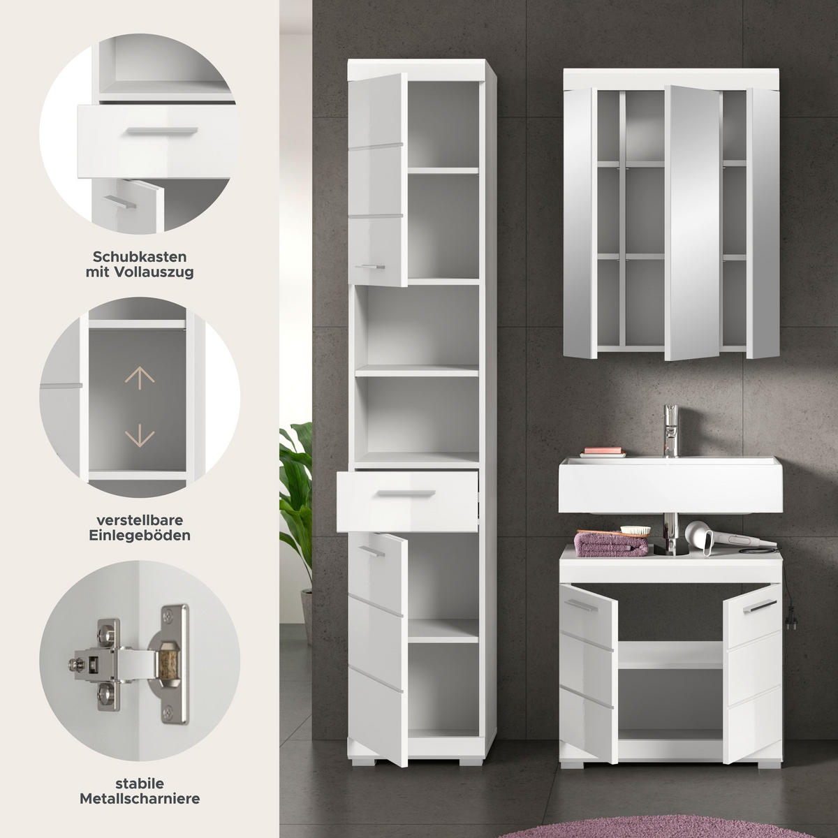 BADKOMBINATION 3tlg. Scout Bad in weiß Nachbildung und weiß hochglanz B/H/T: 112x191x34 cm - Weiß, Holz (112/191/34cm)