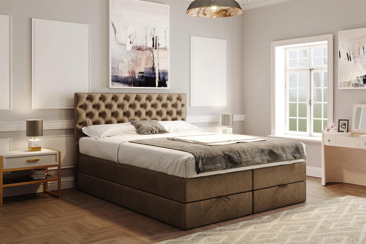 BOXSPRINGBETT 140 x 200 cm LUWR mit H3 Bonell, Bettkasten, Taschenmatratze, Chesterfield Kopfteil, Hellbraun - Hellbraun, Holz/Kunststoff (140/200cm) - Trada