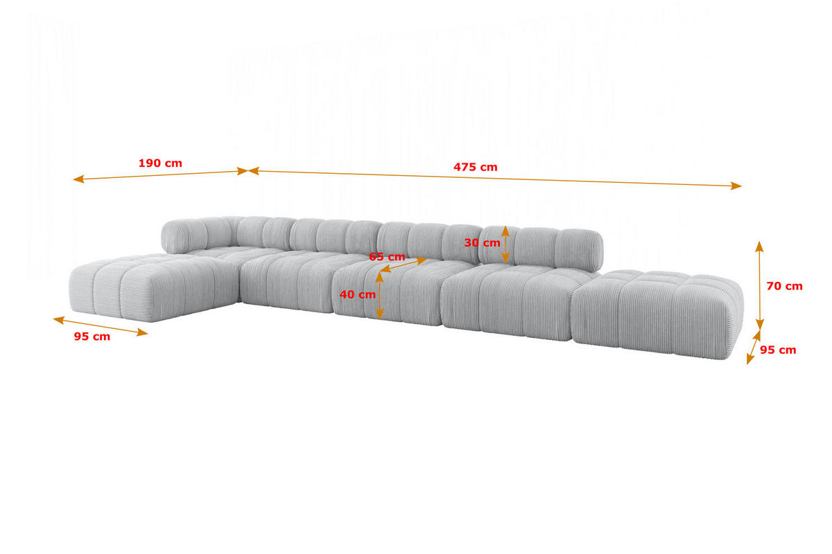 ECKSOFA modulares Sofa Kerru-L3 - 475x190x70 cm Grau Cord - Grau, Holzwerkstoff/Textil (475/190cm) - ALTDECOR