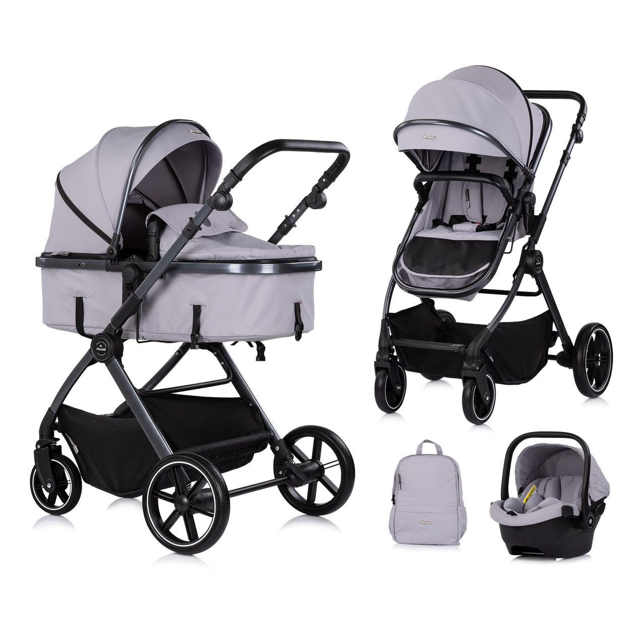 KOMBIKINDERWAGEN Pearl 3 in 1 grau umbaubar Babyschale Wickeltasche Fußsack - Grau, Metall (75/65/104cm) - Chipolino