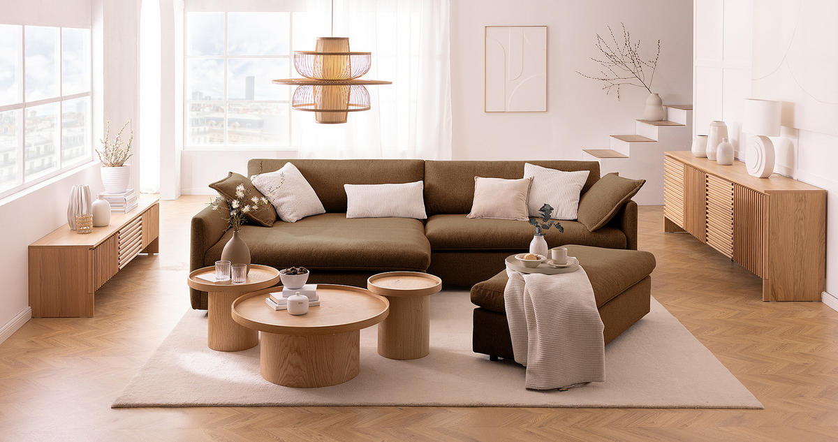 ECKSOFA mit Longchair - Schwarz/Haselnussfarben, Kunststoff/Textil (290/183cm) - home24