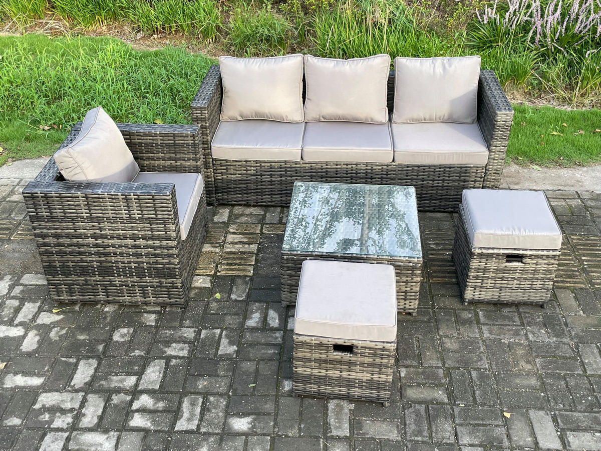 GARTENSET mit Couchtisch Polyrattan 5-Sitzer - Dunkelgrau, Metall - Fimous
