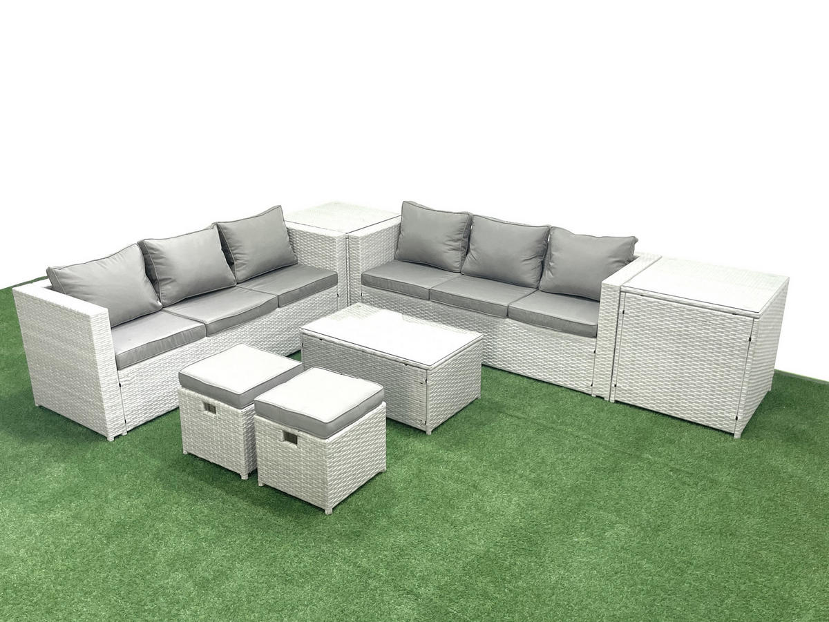 GARTENGARNITUR mit 3-SITZER SOFA,COUCHTISCH Polyrattan Hellgrau-Mix 8-Sitzer - Hellgrau/Grau, Glas/Kunststoff - Fimous