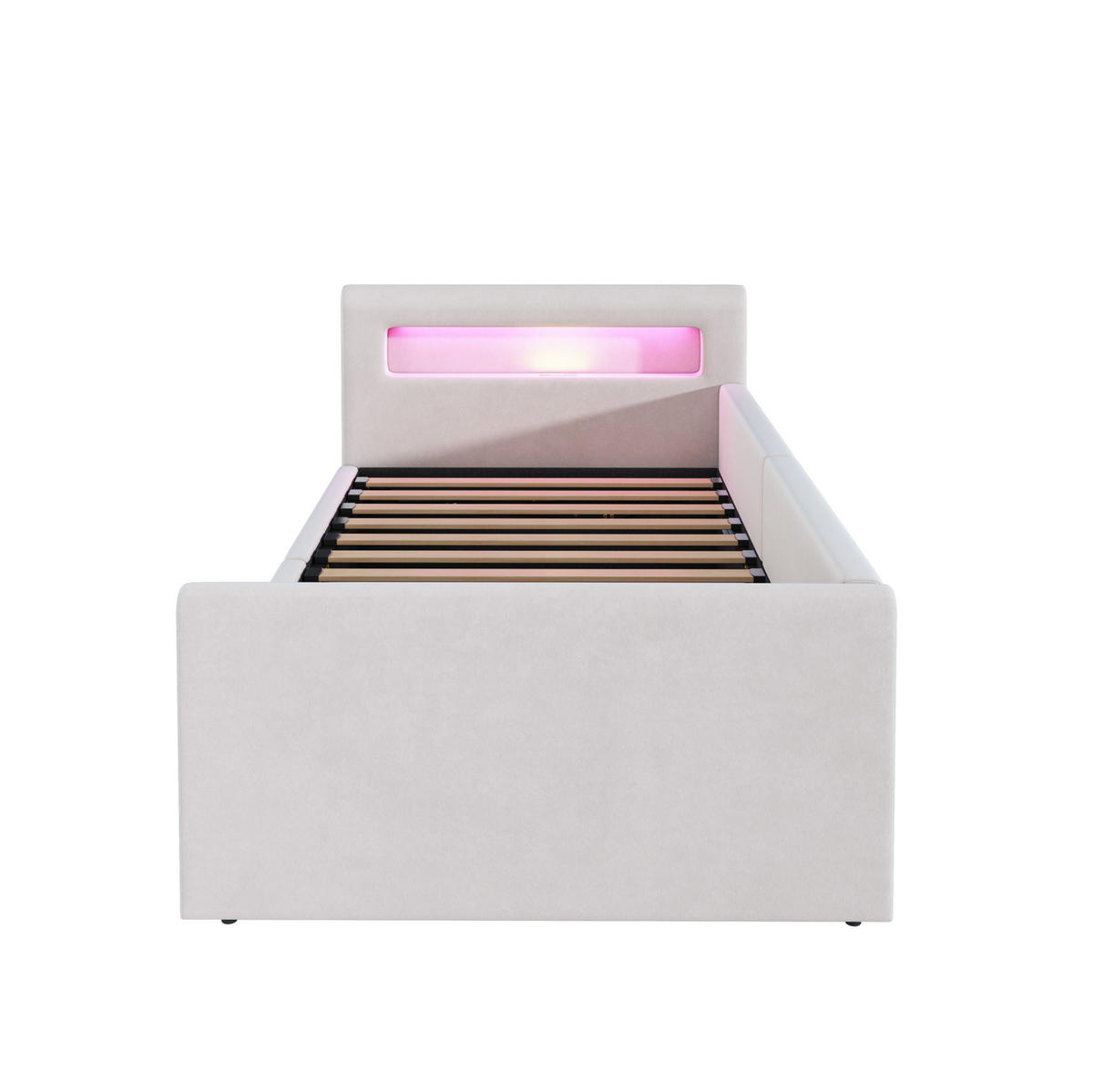 KINDEREINZELBETTEN aus Samtstoff 90x200 cm in Beige mit LED & USB & Stauraum - Beige, Textil (90/200cm) - Modfu