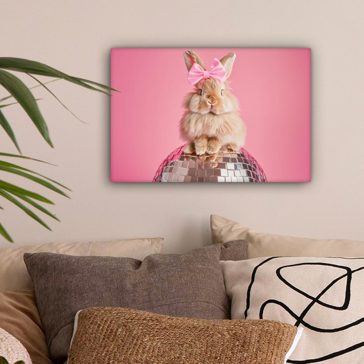 LEINWANDBILD Schleife - Discoball - Kaninchen Deko Schlafzimmer 30x20 cm - Pink, Textil (30/20cm) - MuchoWow