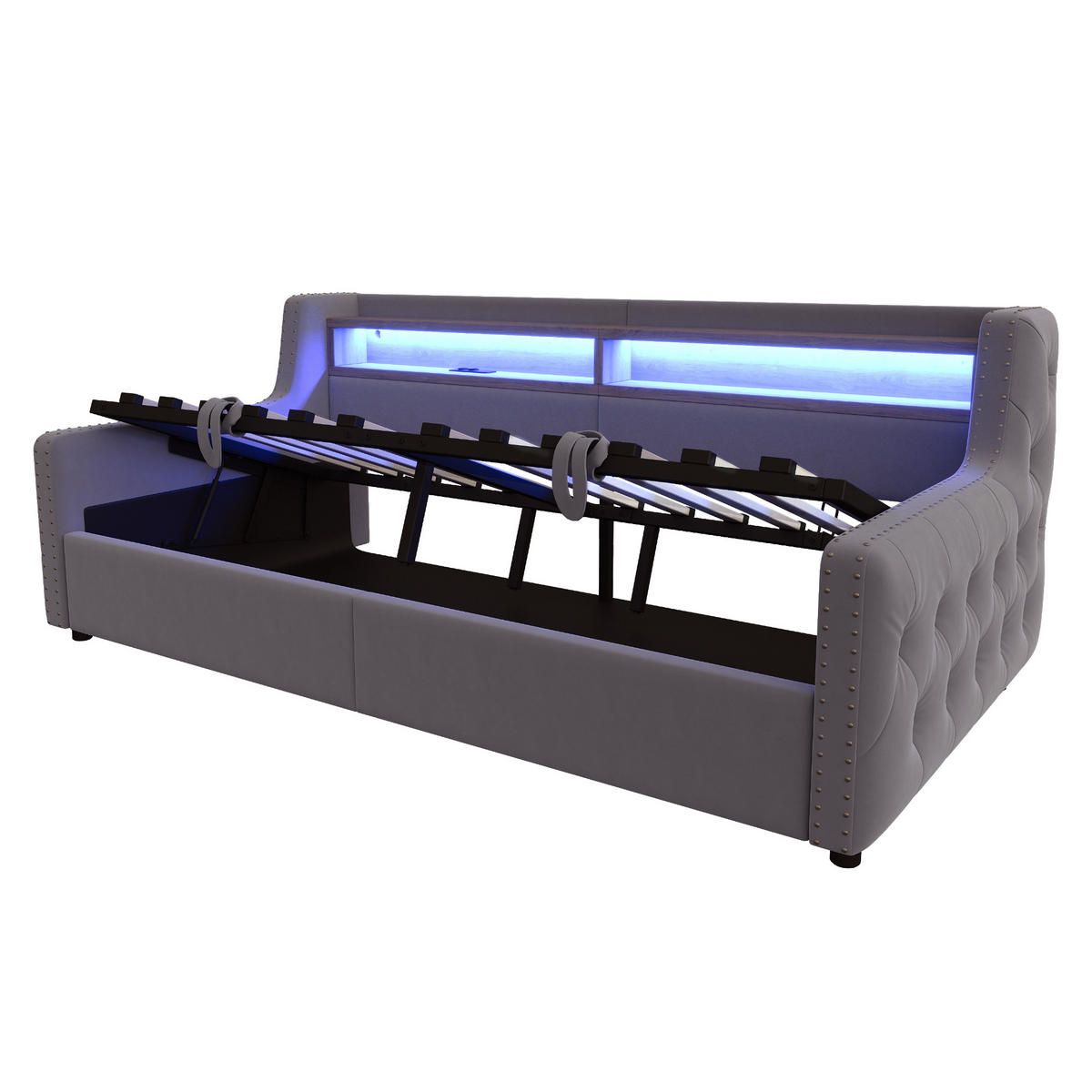 POLSTERBETT 90/200 cm DE-02101, in Dunkelgrau, mit Sofafunktion, LED und Hydraulik - Dunkelgrau, Metall (90/200cm) - ComfortXL