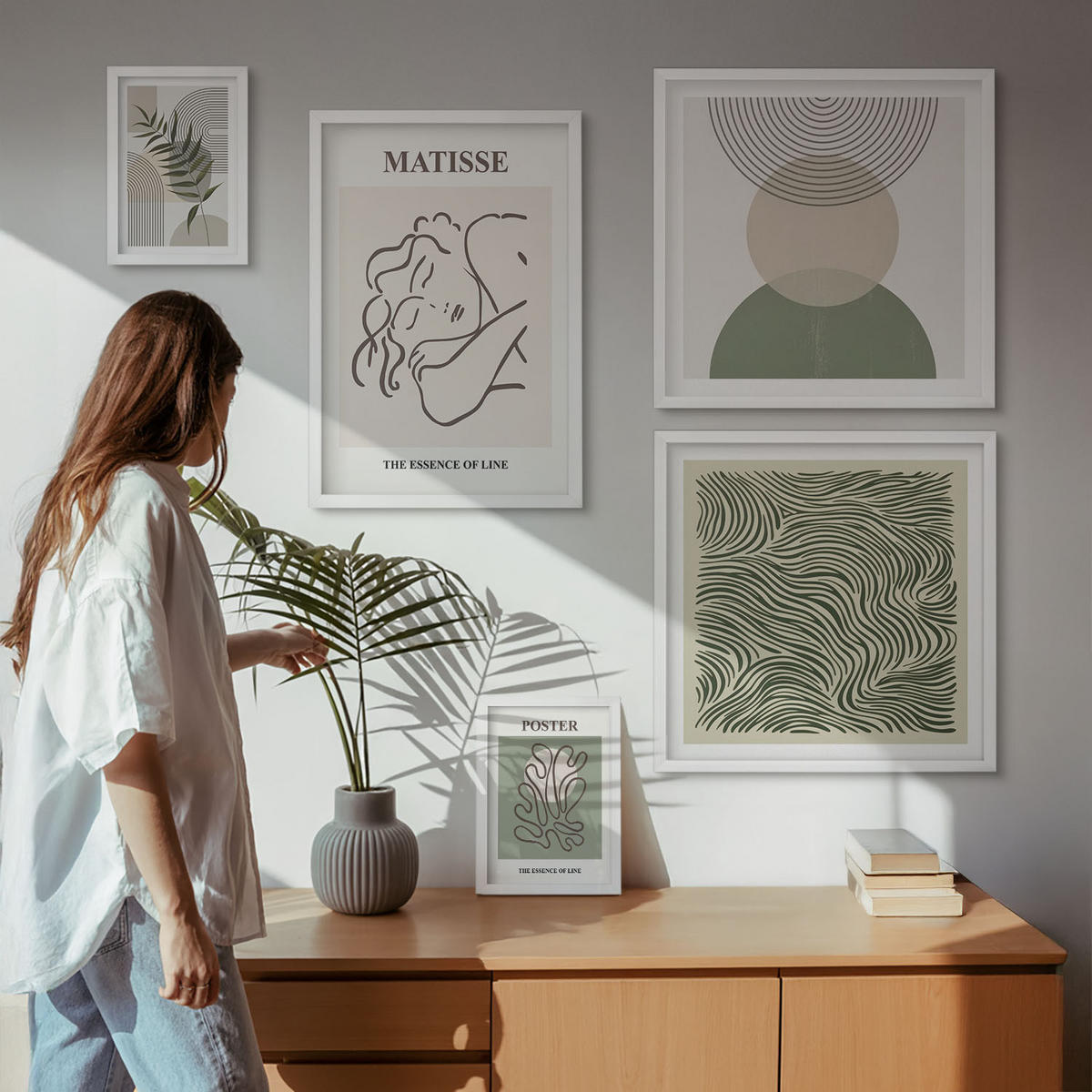 WANDBILDER 5er-Set - 50x50 cm & 20x30 cm & 40x60 cm Weißer Rahmen - Geometrische botanische Muster - Weiß, Kunststoff (40/60cm) - ArtPrintCave