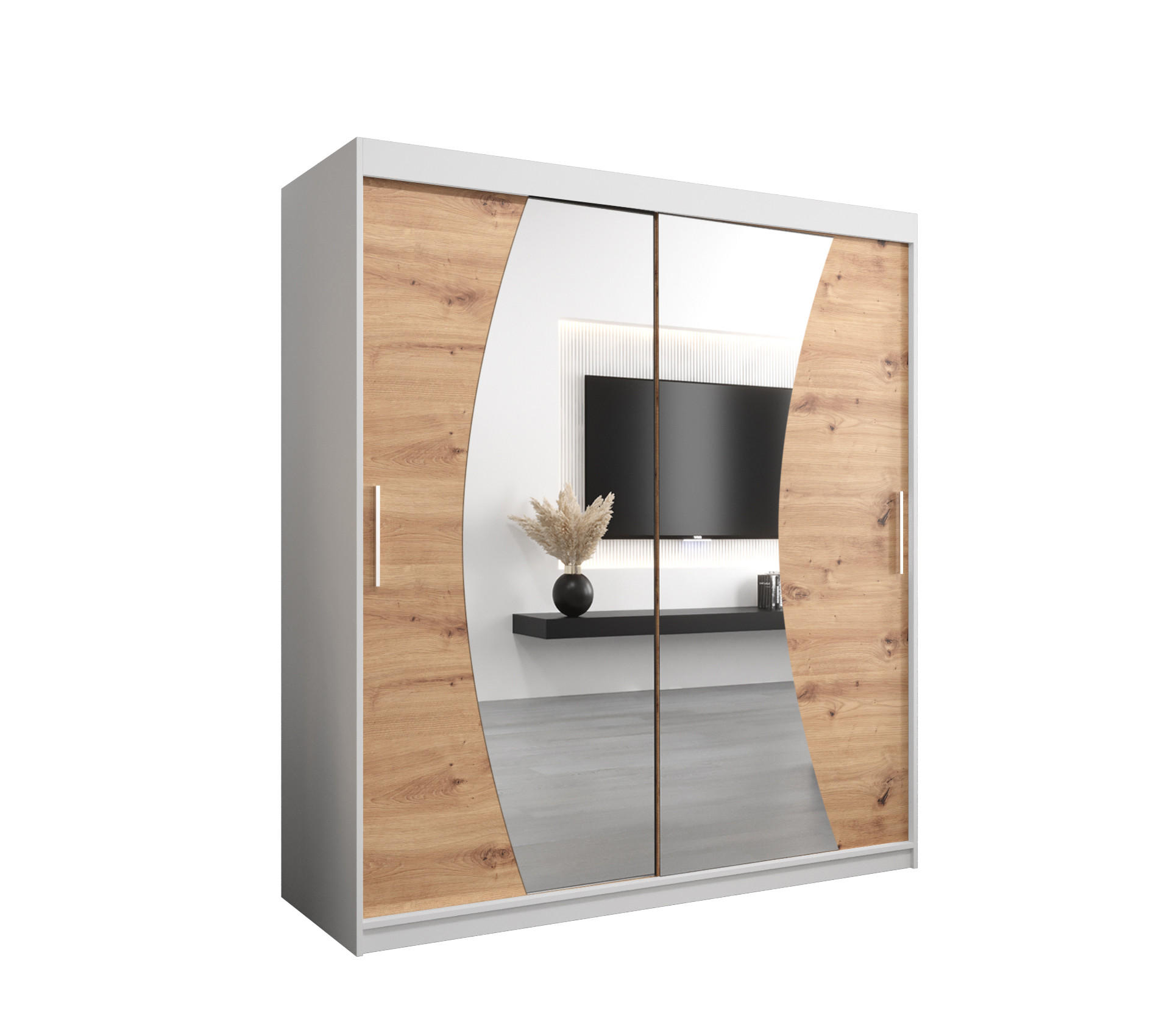 Abiks Möbel Schwebetürenschrank Weiß, Eiche Artisan 180x200x62 cm