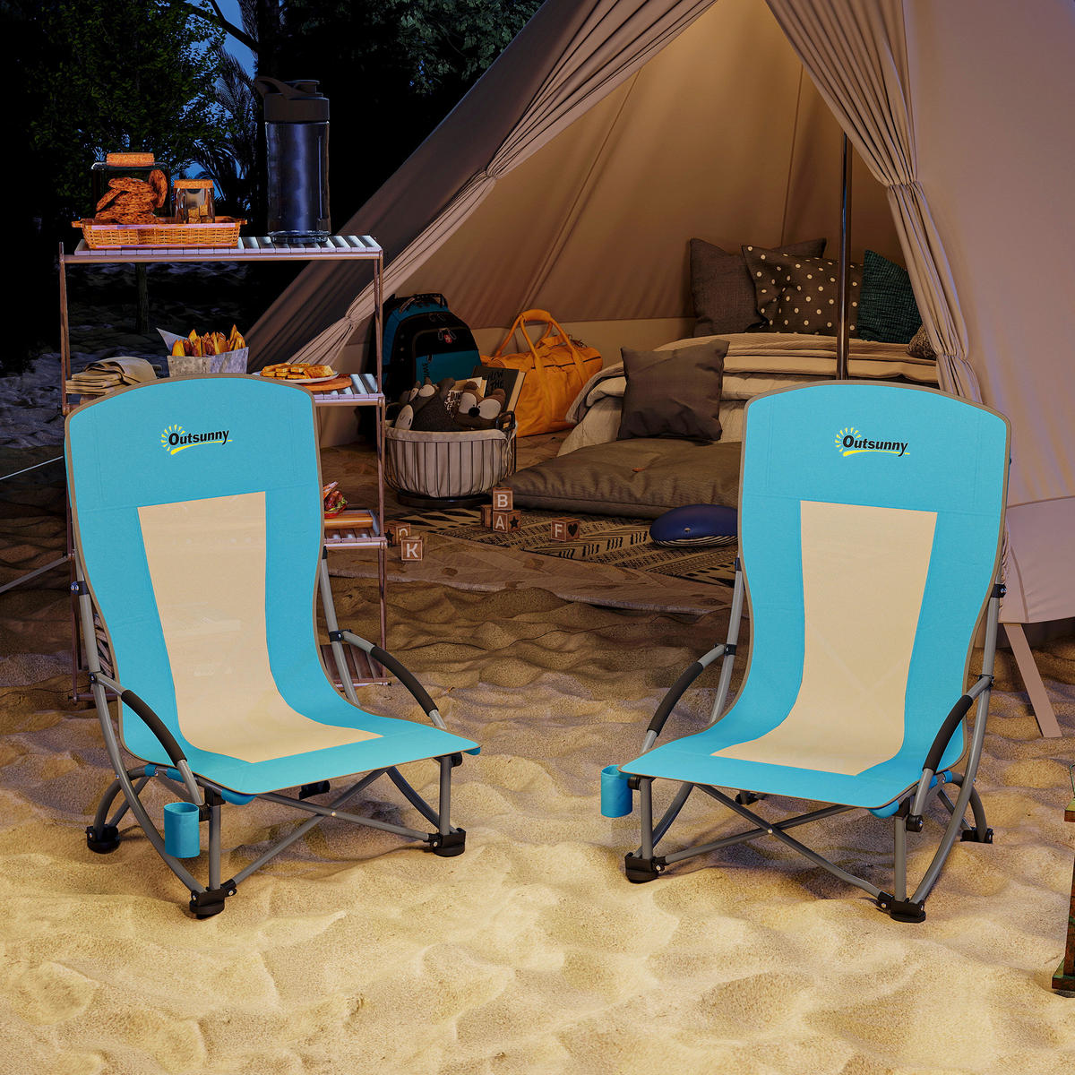 GARTENKLAPPSESSEL DE-15662 70/58/79 cm, mit Getränkehalter Blau - Blau, Metall (58/79/70cm) - ComfortXL