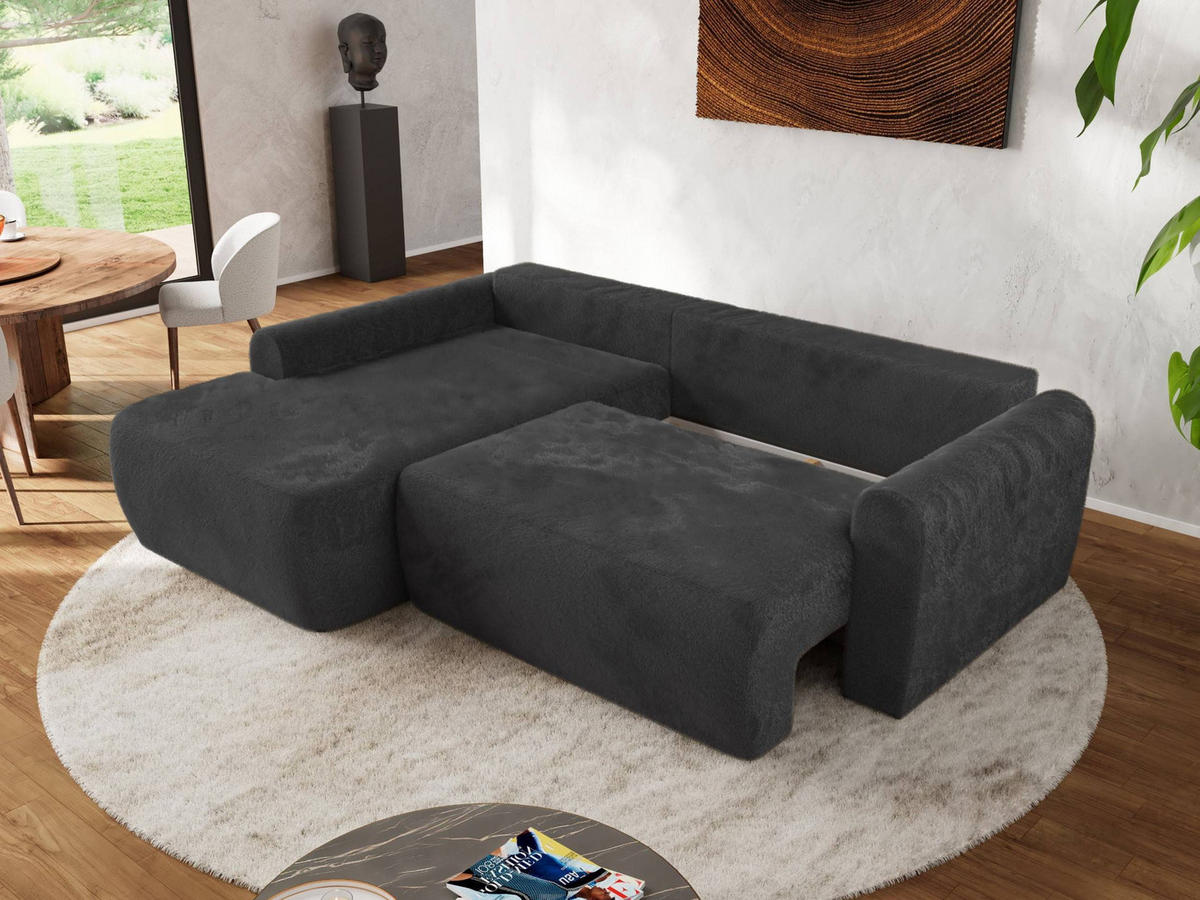 ECKSCHLAFSOFA CUBO L Dunkelgrau Plüsch - links - Dunkelgrau/Schwarz, Kunststoff/Textil (273/187cm) - MKS