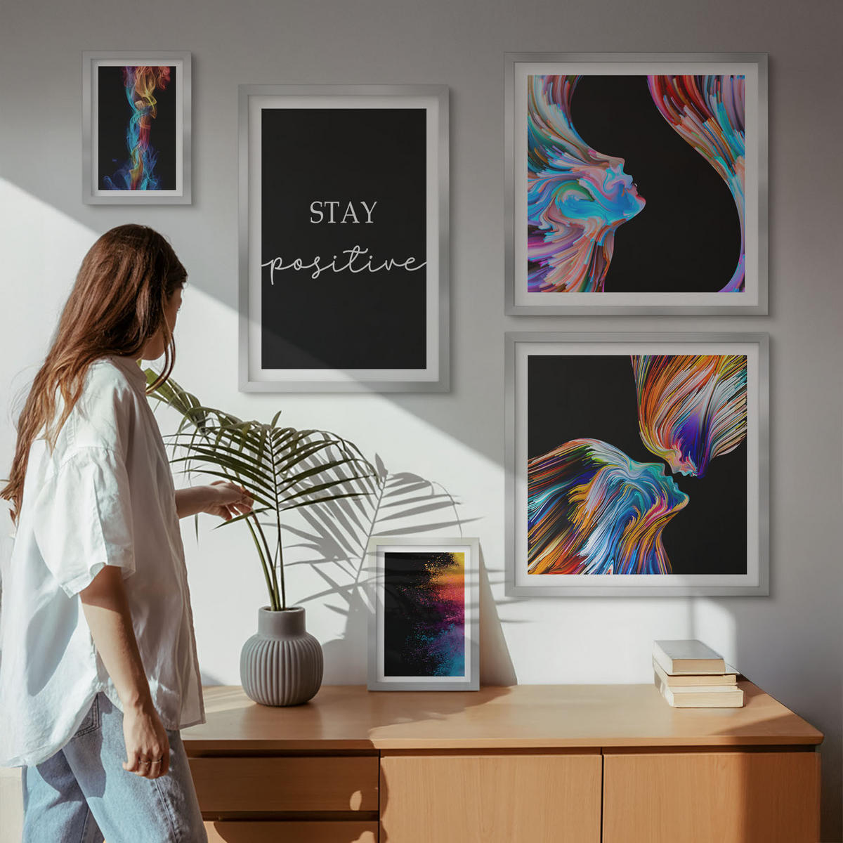 BILDER SET 5er Set - 50x50 cm & 20x30 cm & 40x60 cm Silberner Rahmen - Rosa geometrische Pfingstrosen - Silberfarben, Kunststoff (40/60cm) - TULUP